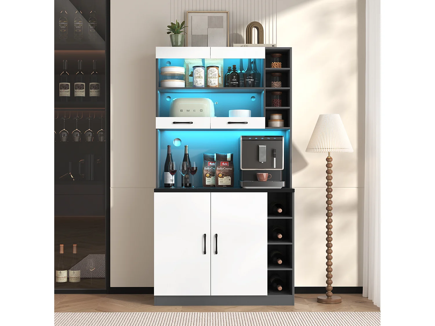 Buffet avec LED, 100x47x187 cm, rangement pratique avec prises USB, ajustable et conçu pour cuisine et salle à manger