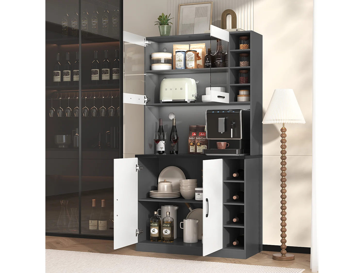 Buffet avec LED, 100x47x187 cm, rangement pratique avec prises USB, ajustable et conçu pour cuisine et salle à manger