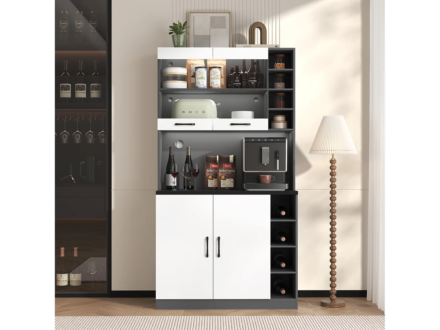 Buffet avec LED, 100x47x187 cm, rangement pratique avec prises USB, ajustable et conçu pour cuisine et salle à manger