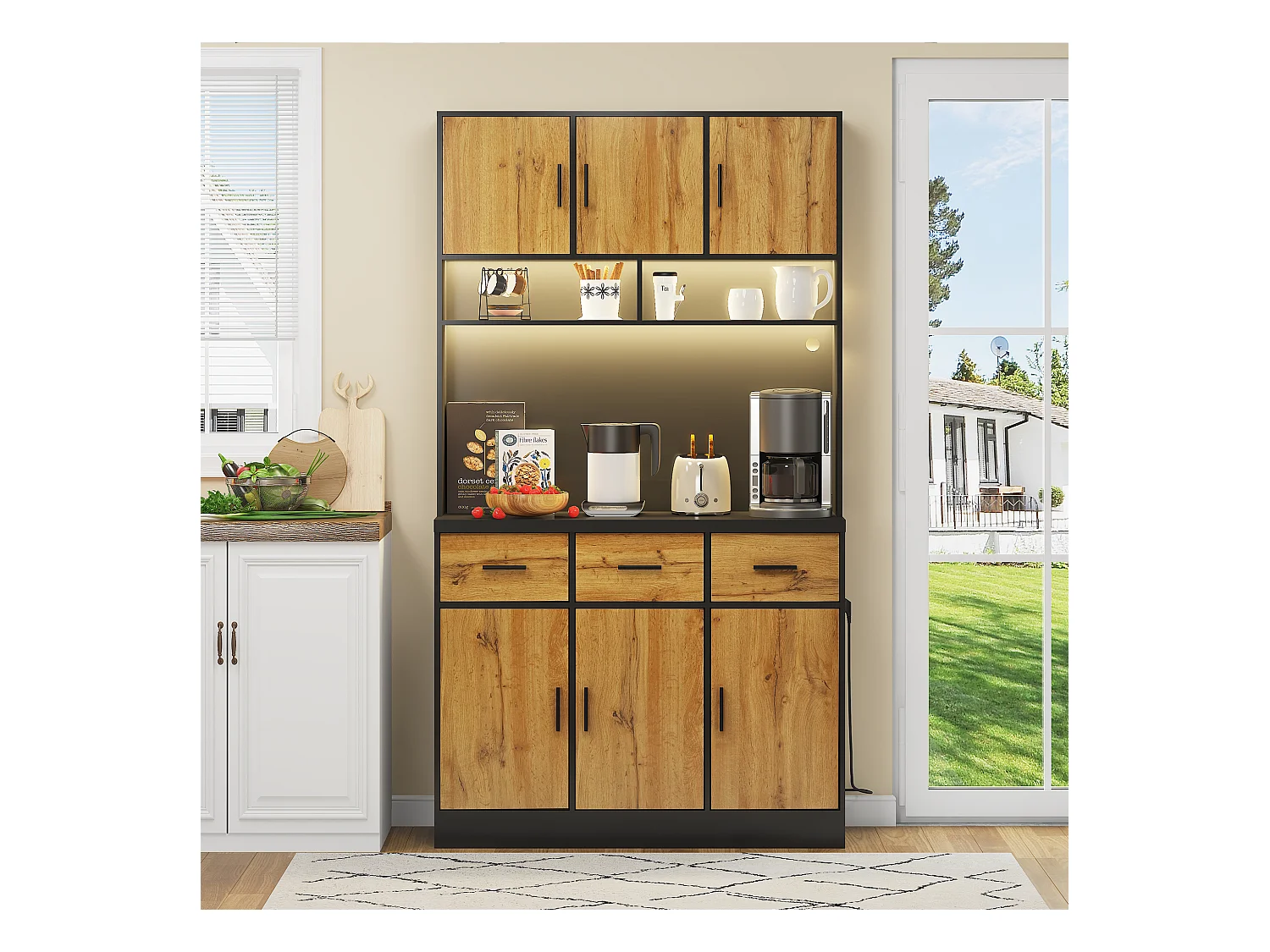 Buffet multifonction avec LED, 2 portes, étagères réglables, prises et gestion des câbles, MDF, noir et naturel (100x40x180 cm)