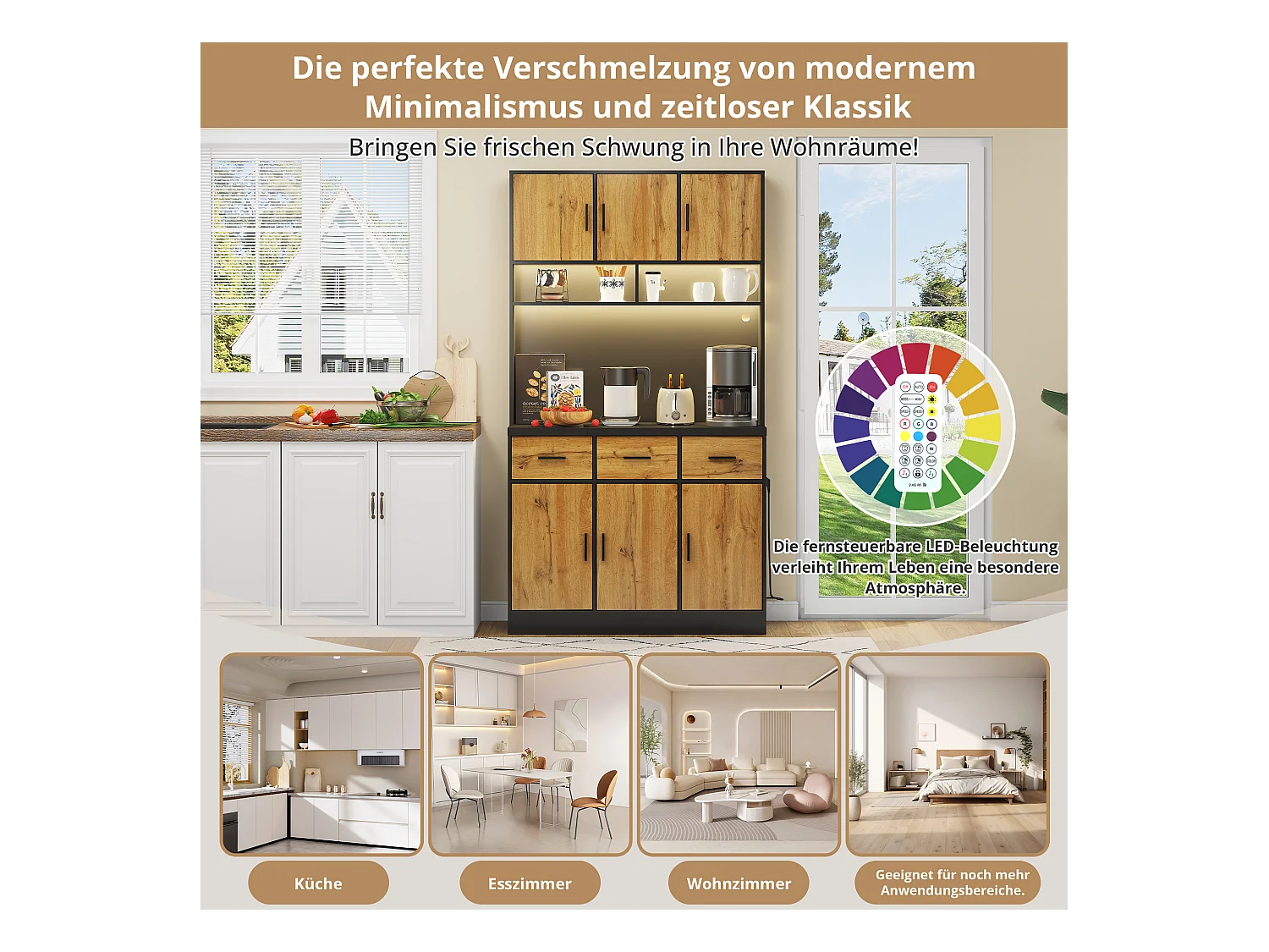 Buffet multifonction avec LED, 2 portes, étagères réglables, prises et gestion des câbles, MDF, noir et naturel (100x40x180 cm)