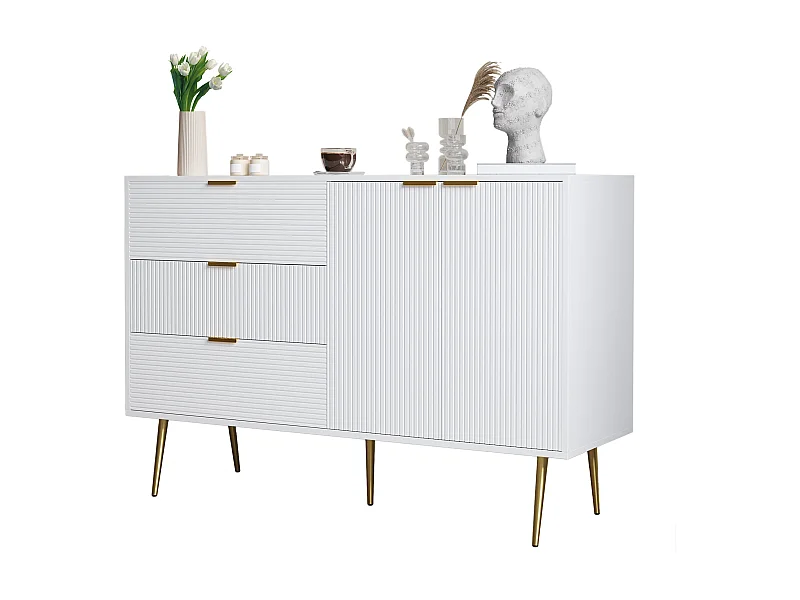 Buffet avec 3 portes et tiroirs, MDF, blanc et doré, (120x38x80.5 cm)
