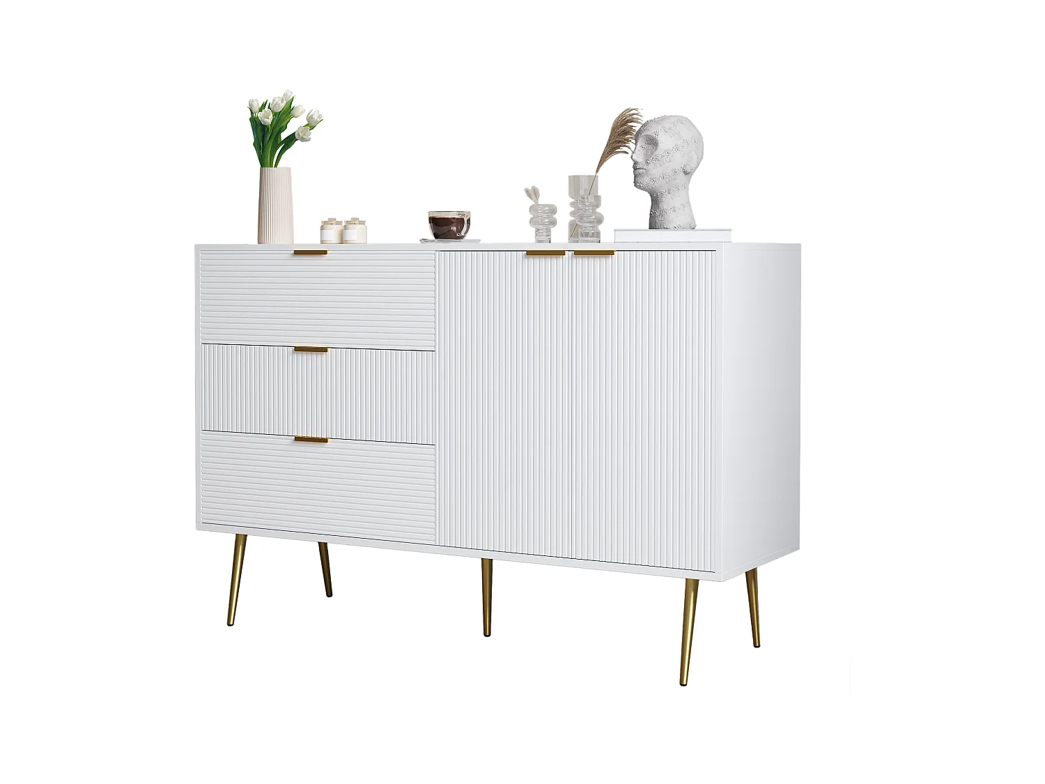 Buffet avec 3 portes et tiroirs, MDF, blanc et doré, (120x38x80.5 cm)