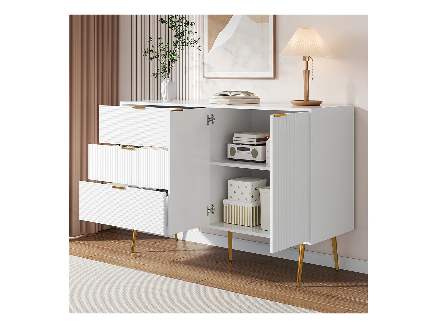 Buffet avec 3 portes et tiroirs, MDF, blanc et doré, (120x38x80.5 cm)