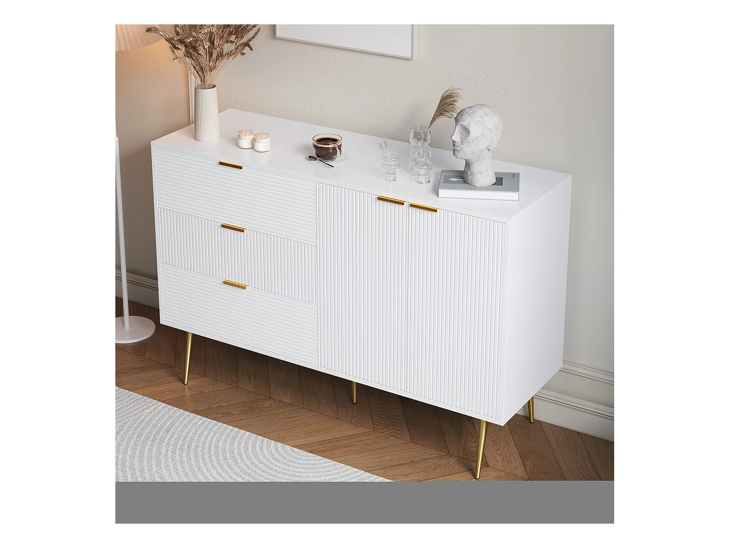 Buffet avec 3 portes et tiroirs, MDF, blanc et doré, (120x38x80.5 cm)