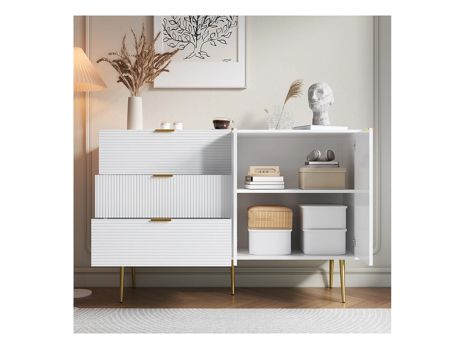 Buffet avec 3 portes et tiroirs, MDF, blanc et doré, (120x38x80.5 cm)