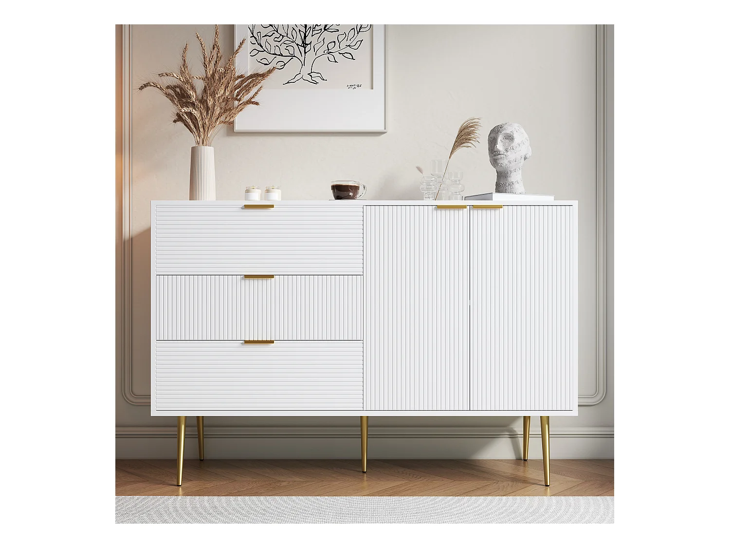 Buffet avec 3 portes et tiroirs, MDF, blanc et doré, (120x38x80.5 cm)