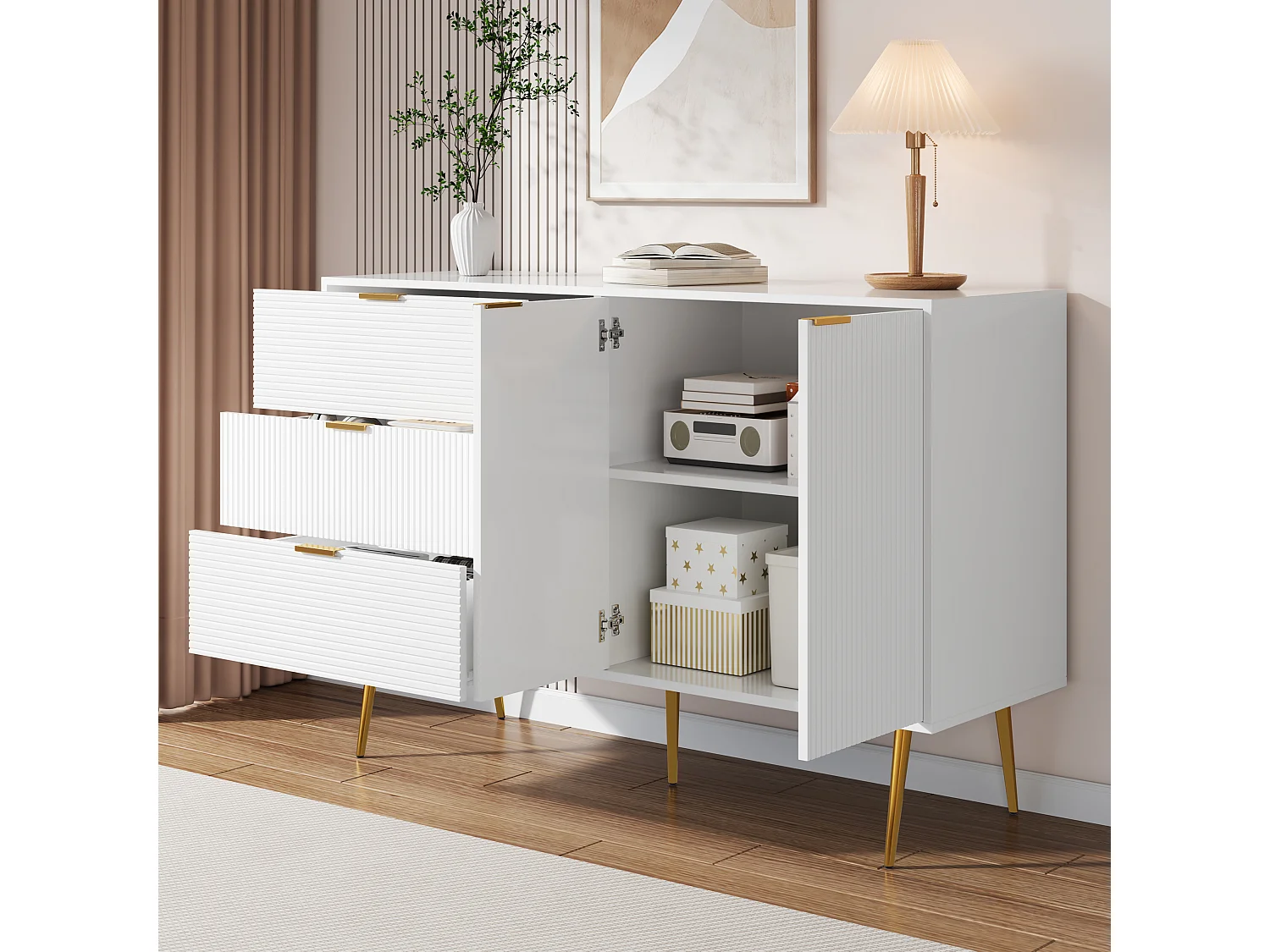 Buffet avec 3 portes et tiroirs, MDF, blanc et doré, (120x38x80.5 cm)