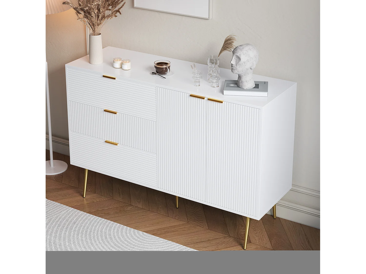 Buffet avec 3 portes et tiroirs, MDF, blanc et doré, (120x38x80.5 cm)