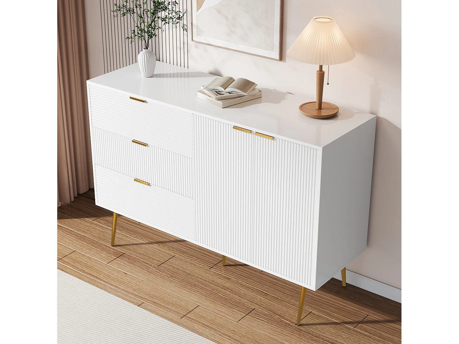 Buffet avec 3 portes et tiroirs, MDF, blanc et doré, (120x38x80.5 cm)