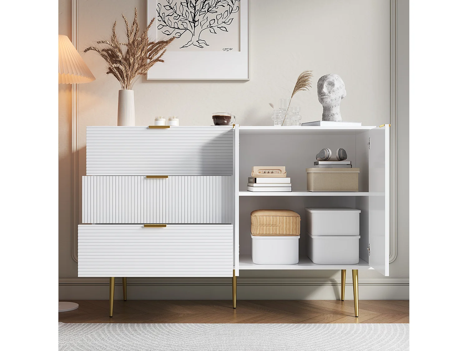 Buffet avec 3 portes et tiroirs, MDF, blanc et doré, (120x38x80.5 cm)