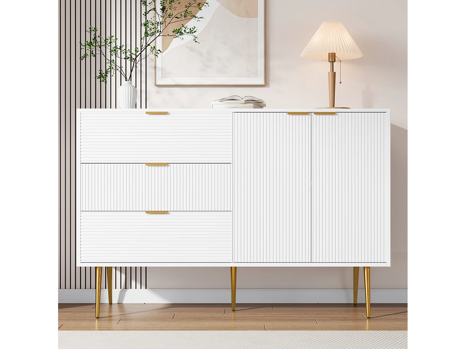 Buffet avec 3 portes et tiroirs, MDF, blanc et doré, (120x38x80.5 cm)