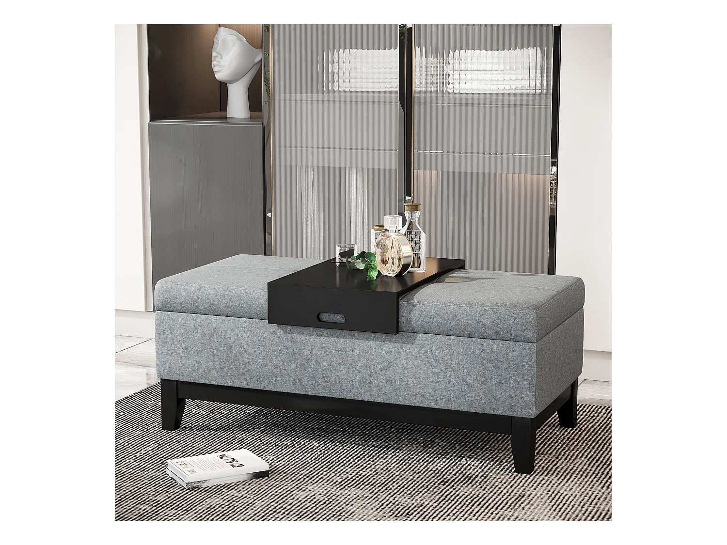 Buffet noir avec design ondulé et poignées dorées, MDF, noir et or (152x40x75 cm)