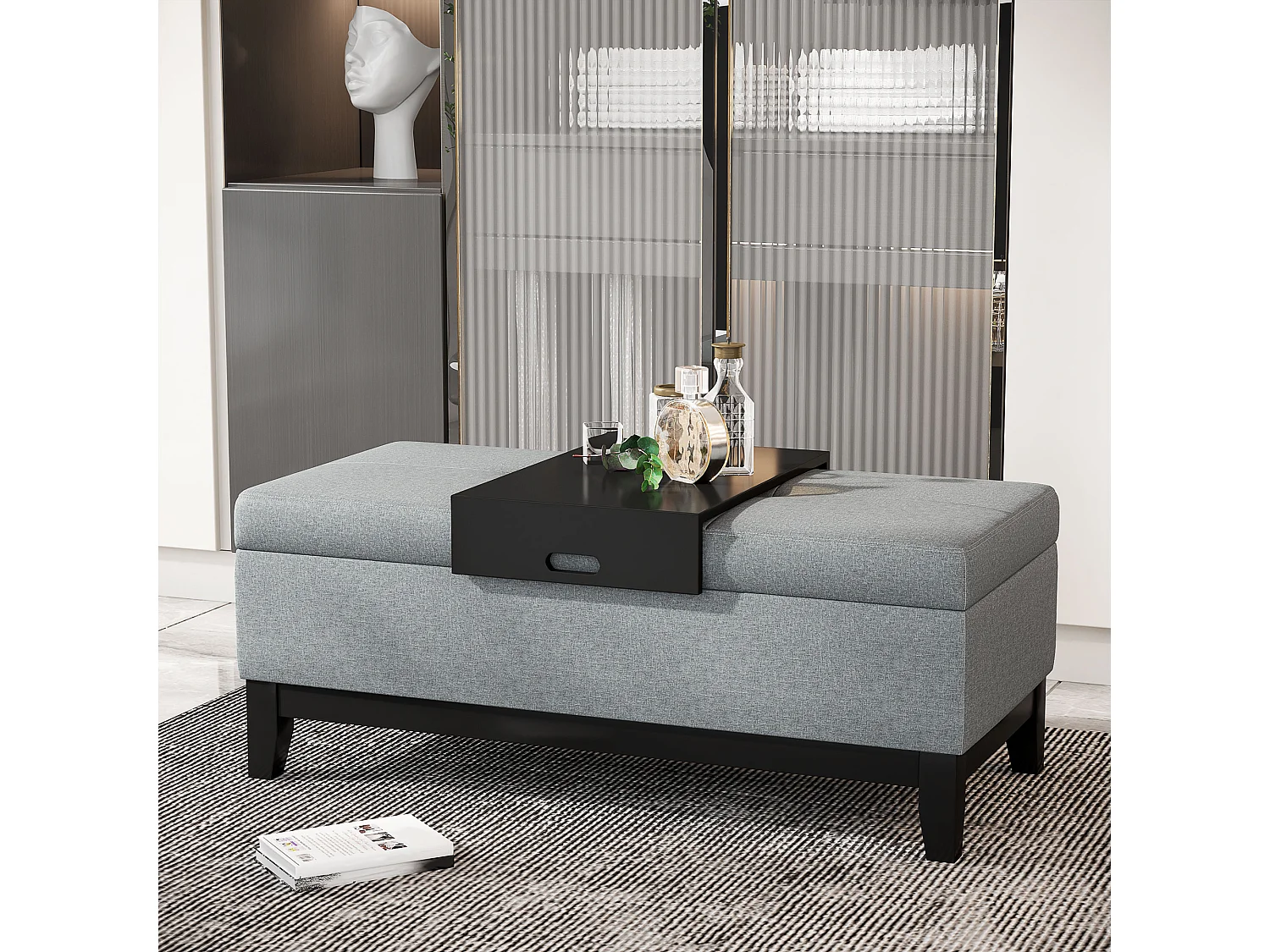 Buffet noir avec design ondulé et poignées dorées, MDF, noir et or (152x40x75 cm)