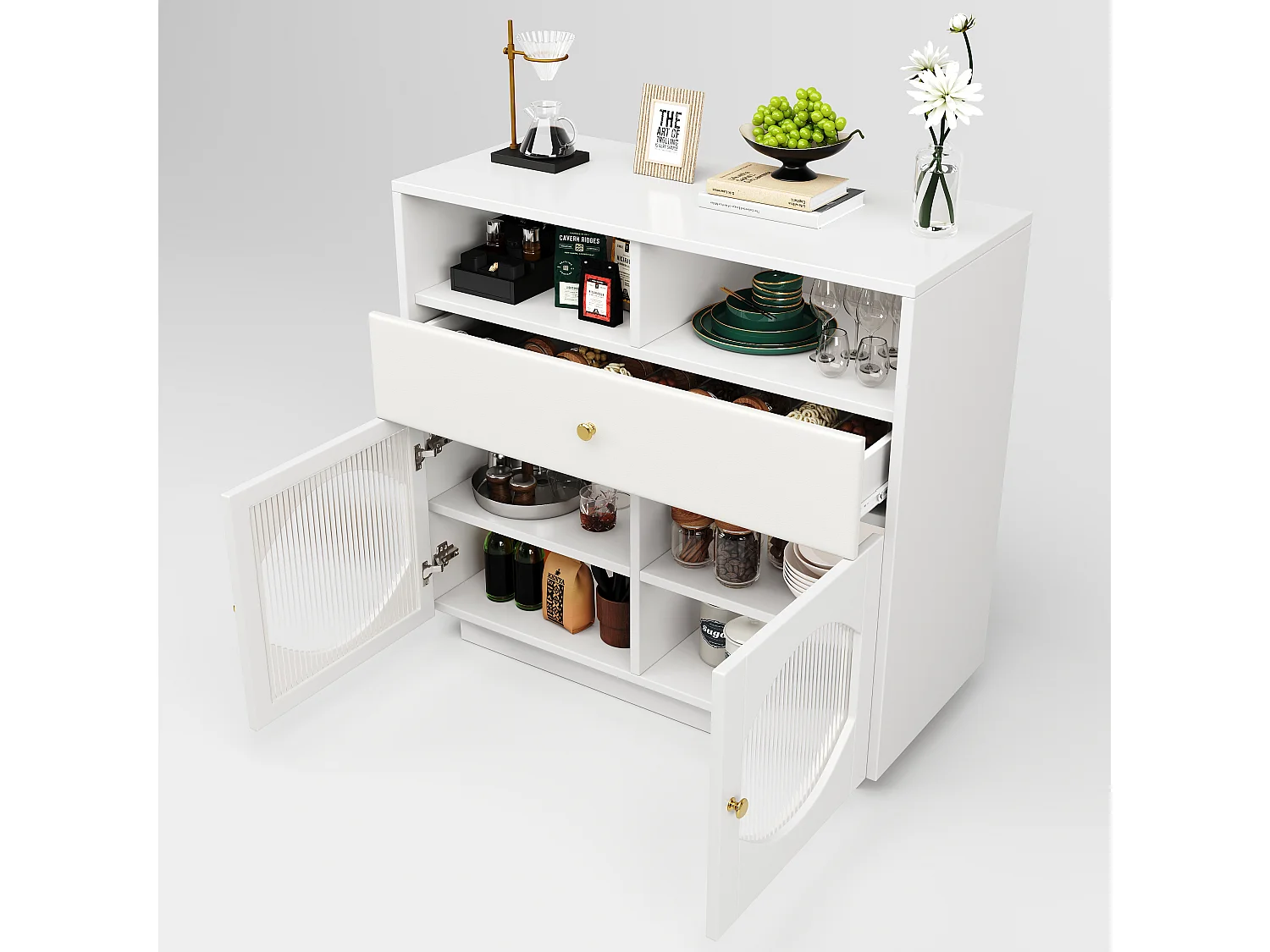 Buffet blanc avec portes en verre, rangement spacieux, MDF, (100x40x90.5 cm)