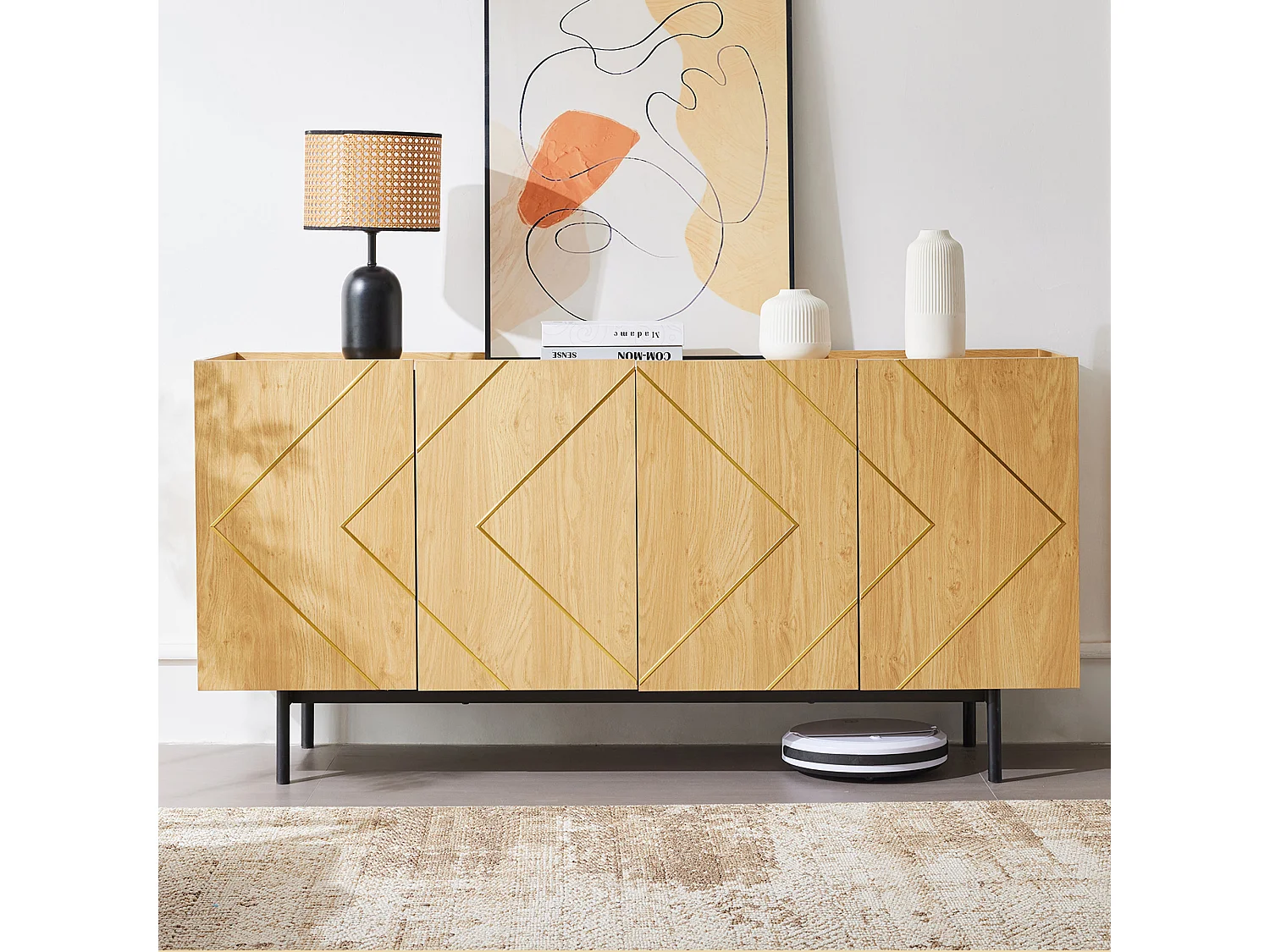 Dressoir van natuurlijk hout met 4 deuren, geïntegreerd metaal, veelzijdige opbergruimte, houtmateriaal (160x40x78 cm)