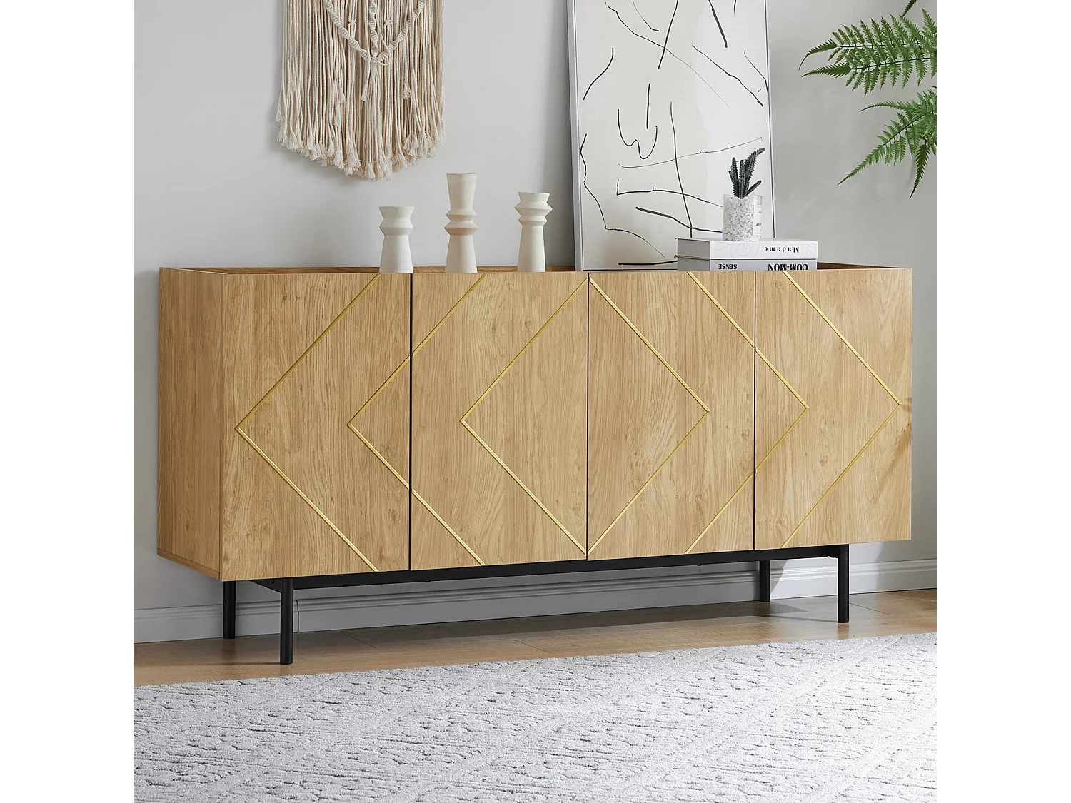 Dressoir van natuurlijk hout met 4 deuren, geïntegreerd metaal, veelzijdige opbergruimte, houtmateriaal (160x40x78 cm)