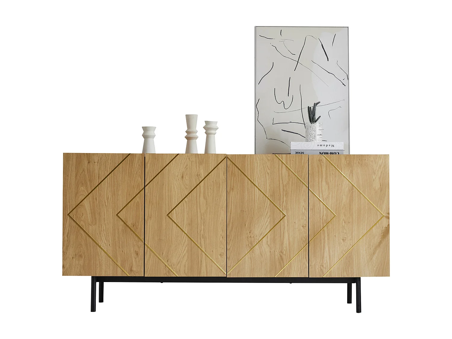 Dressoir van natuurlijk hout met 4 deuren, geïntegreerd metaal, veelzijdige opbergruimte, houtmateriaal (160x40x78 cm)