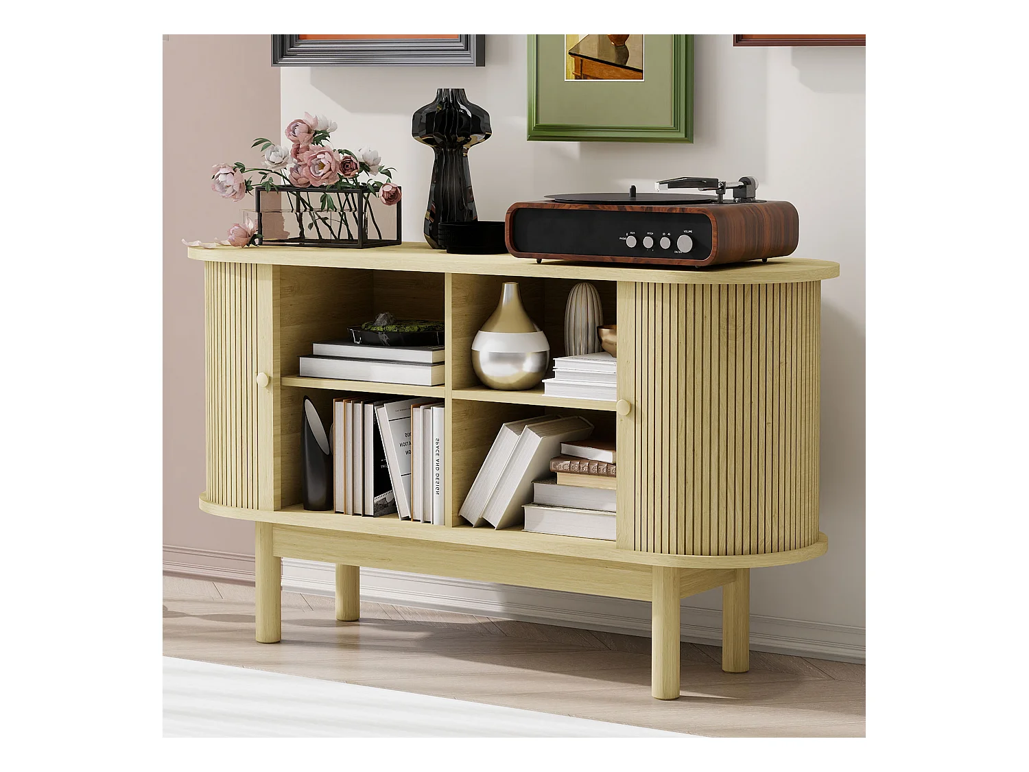 Buffet rétro moderne en bois avec portes coulissantes, étagères réglables, MDF et pin, bois naturel (138x43x75 cm)