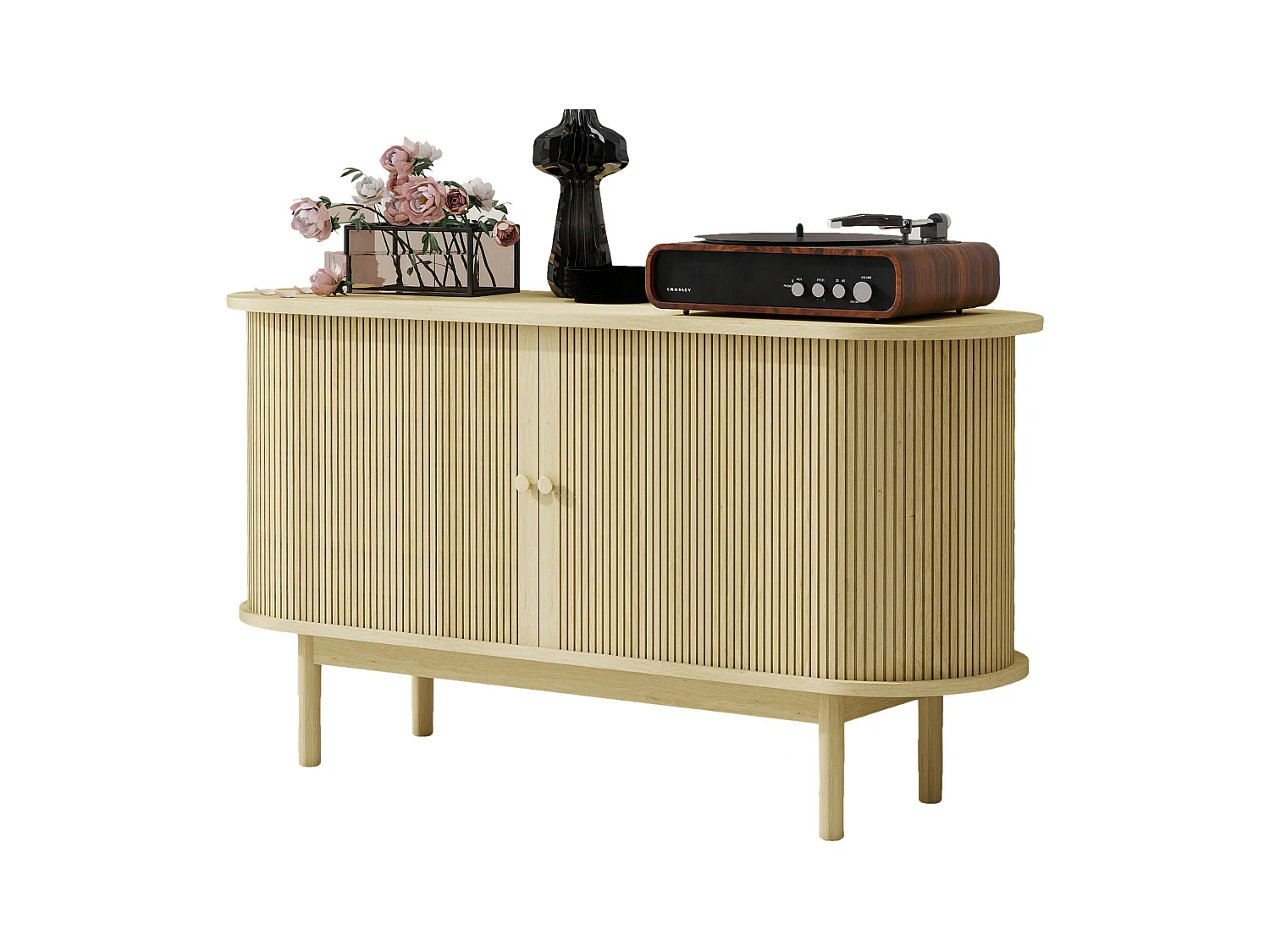 Buffet rétro moderne en bois avec portes coulissantes, étagères réglables, MDF et pin, bois naturel (138x43x75 cm)