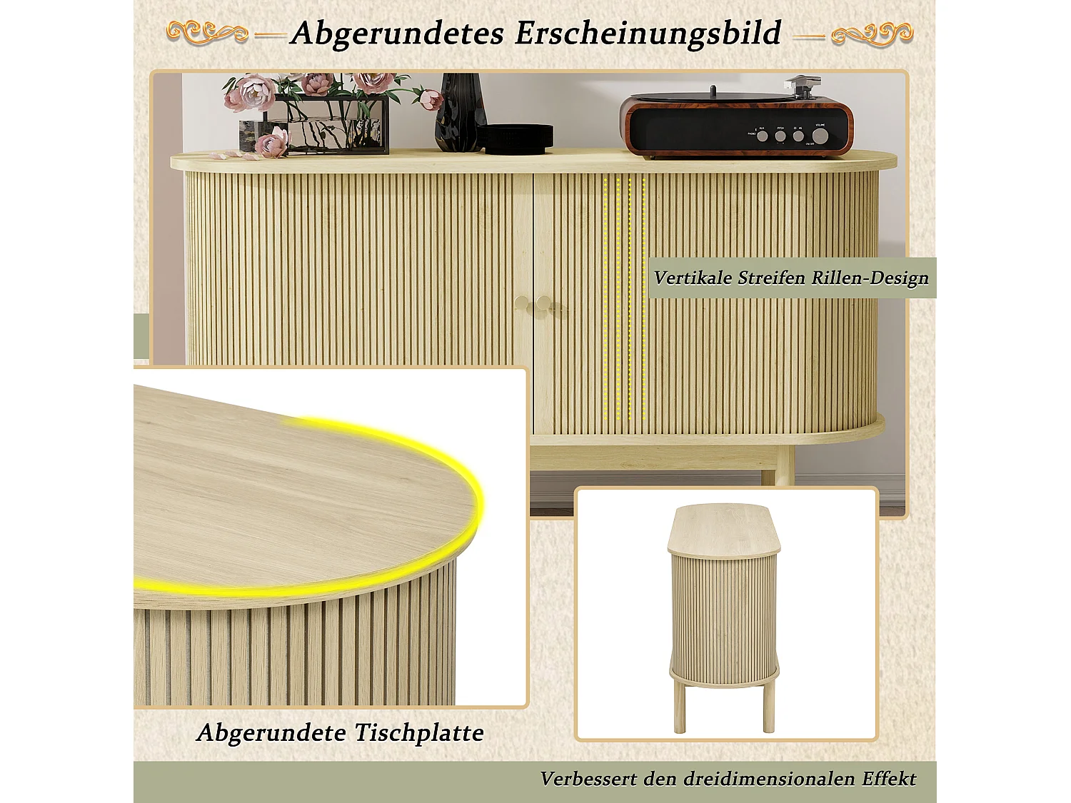 Buffet rétro moderne en bois avec portes coulissantes, étagères réglables, MDF et pin, bois naturel (138x43x75 cm)