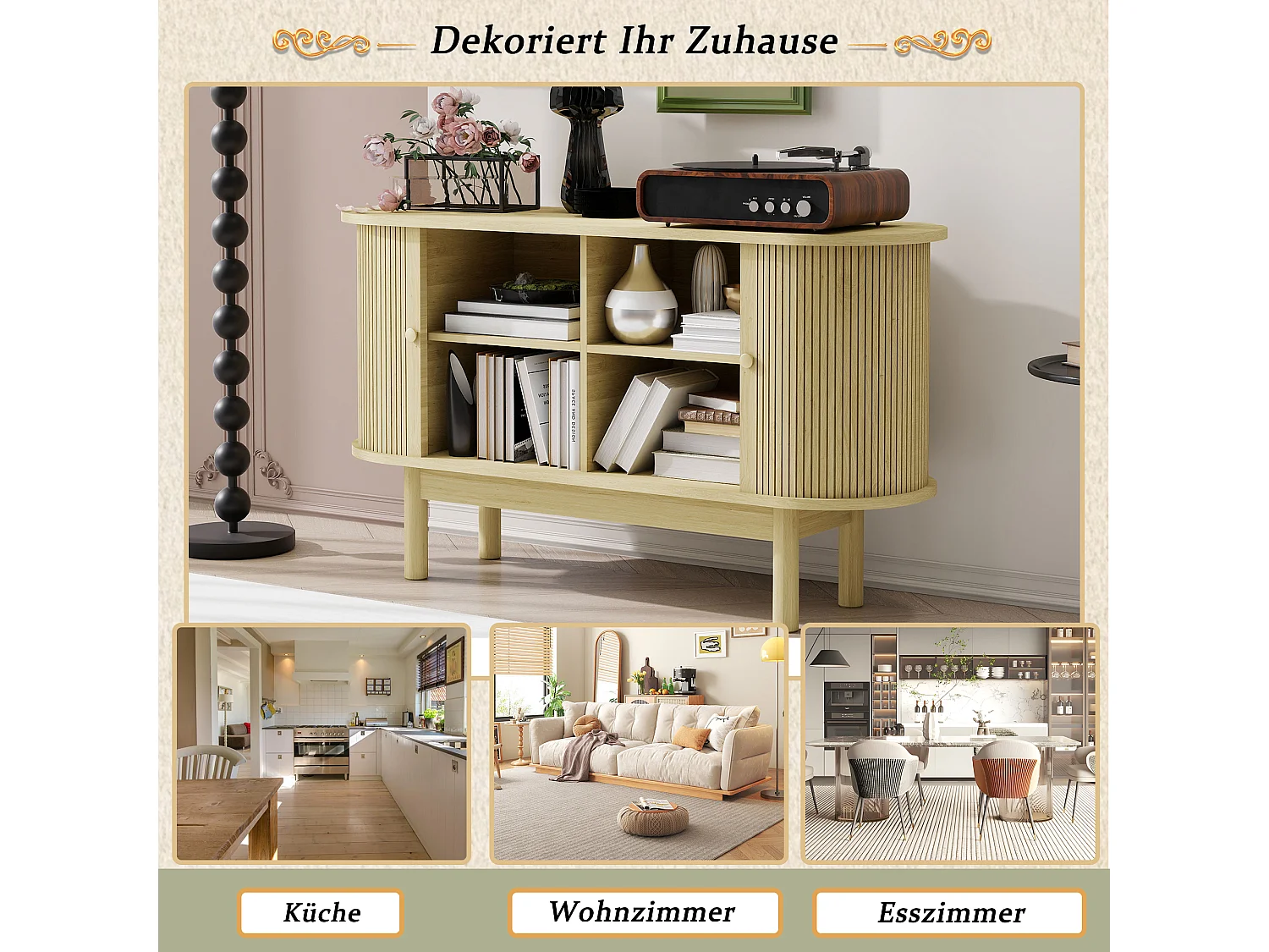 Buffet rétro moderne en bois avec portes coulissantes, étagères réglables, MDF et pin, bois naturel (138x43x75 cm)