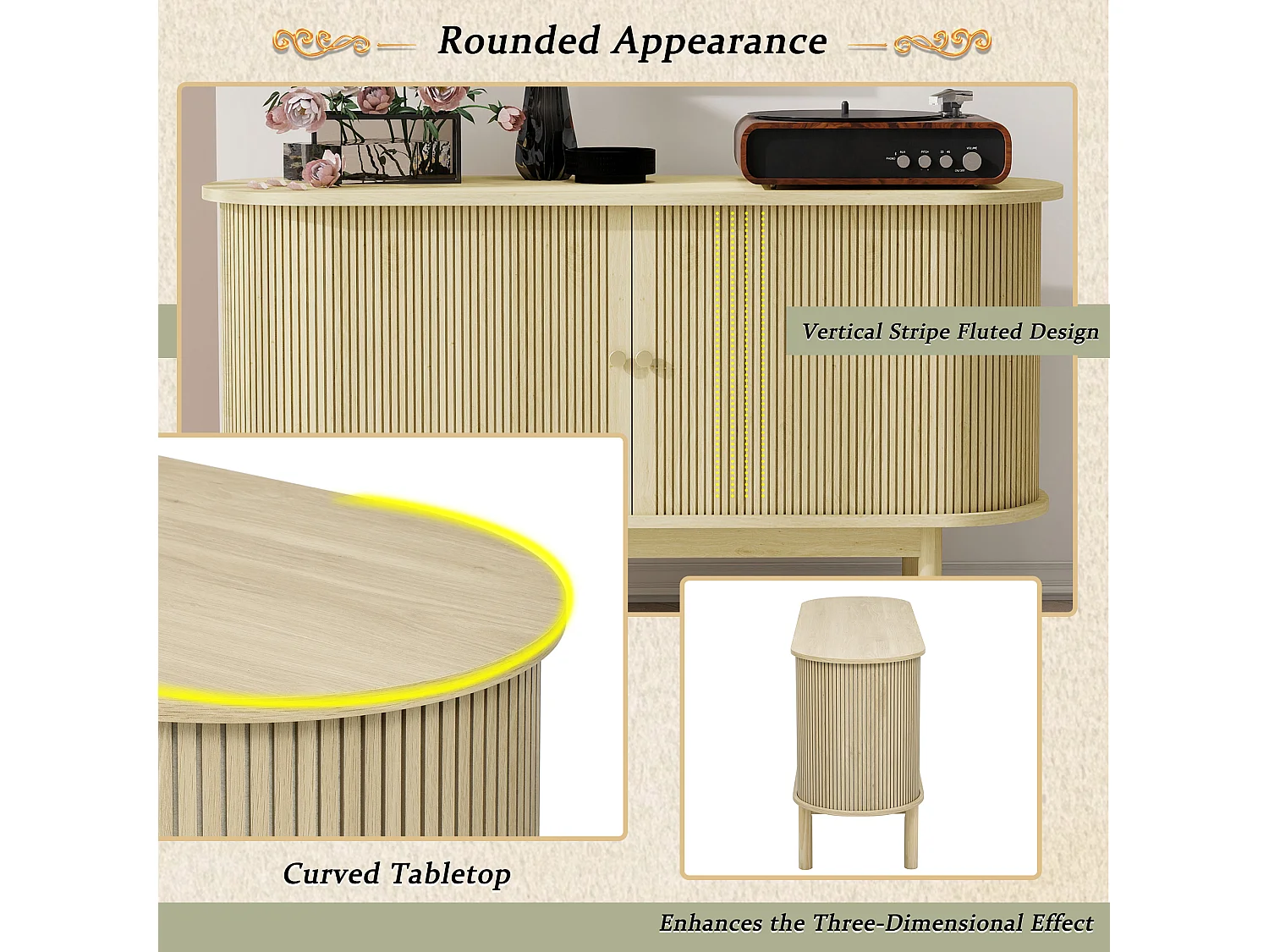 Buffet rétro moderne en bois avec portes coulissantes, étagères réglables, MDF et pin, bois naturel (138x43x75 cm)