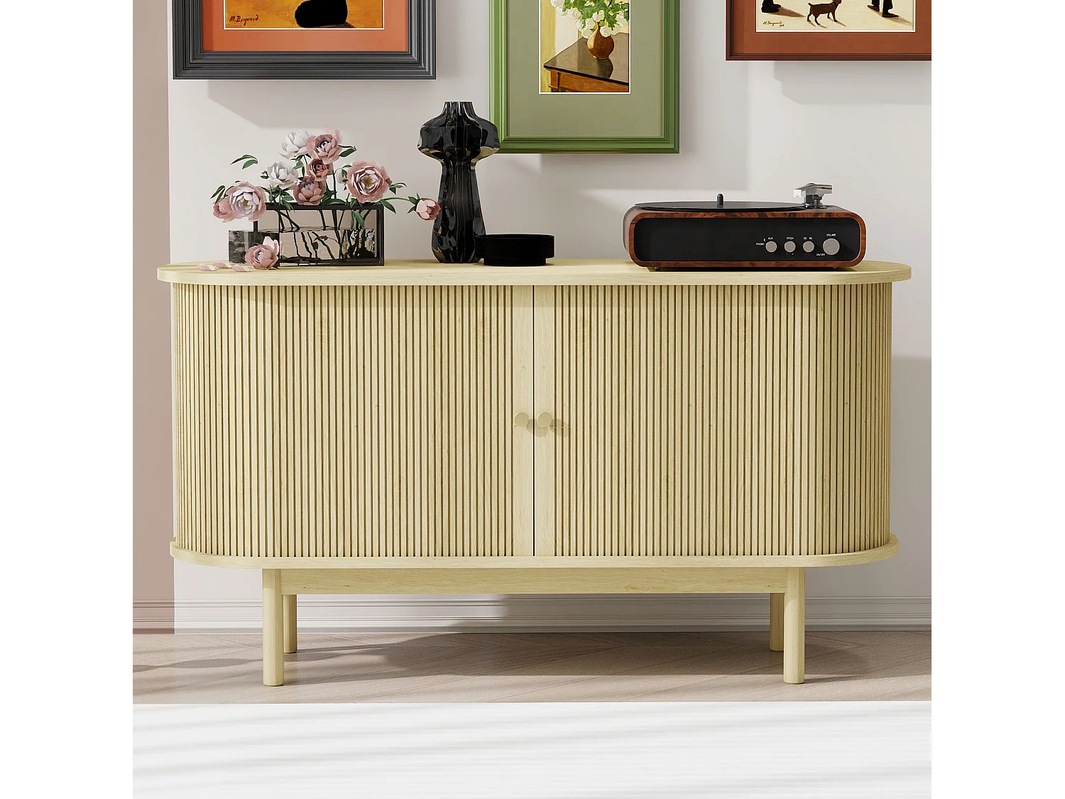 Modern retro houten dressoir met schuifdeuren, verstelbare planken, MDF en grenen, natuurlijk hout (138x43x75 cm)