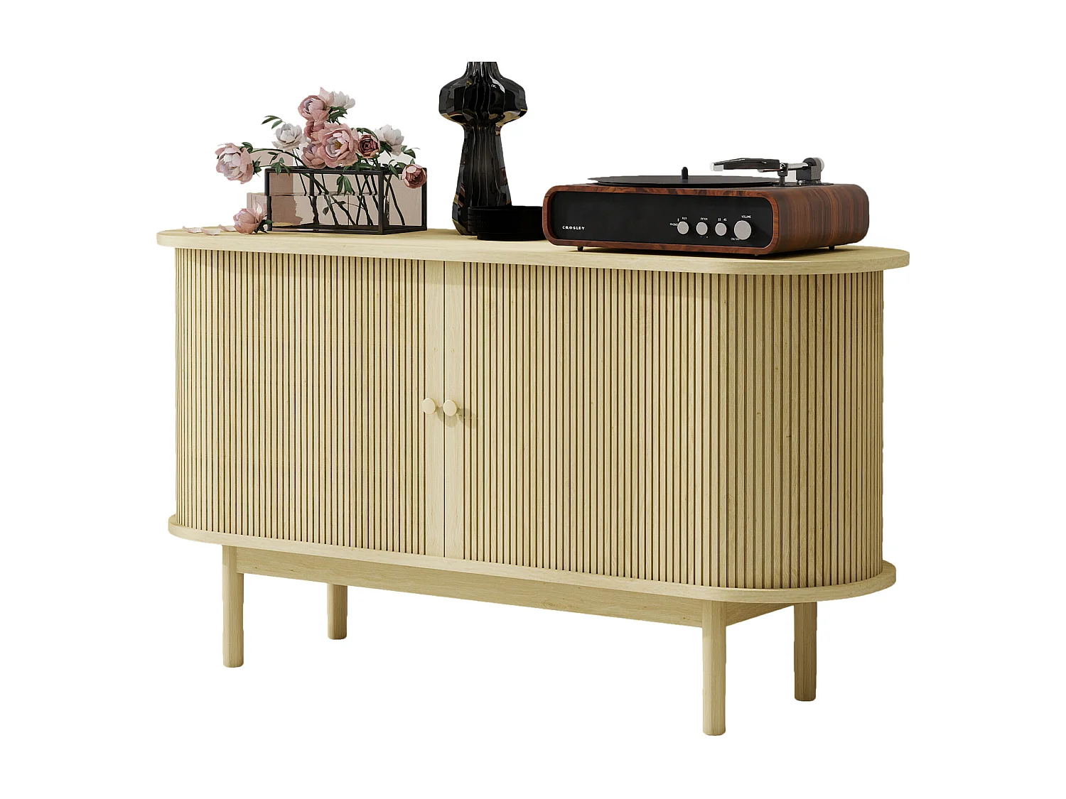 Modern retro houten dressoir met schuifdeuren, verstelbare planken, MDF en grenen, natuurlijk hout (138x43x75 cm)