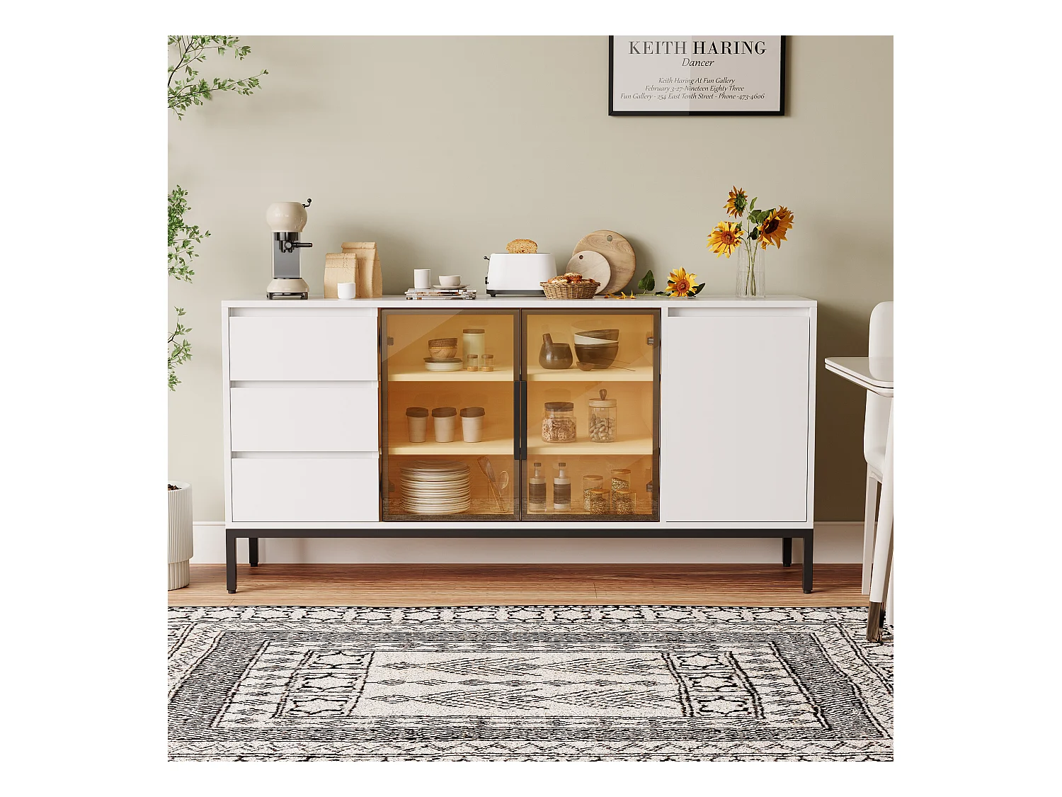 Buffet avec rangement, panneau latéral de cuisine avec portes et 3 tiroirs, étagère de rangement, console, blanc (160x40x80 cm)