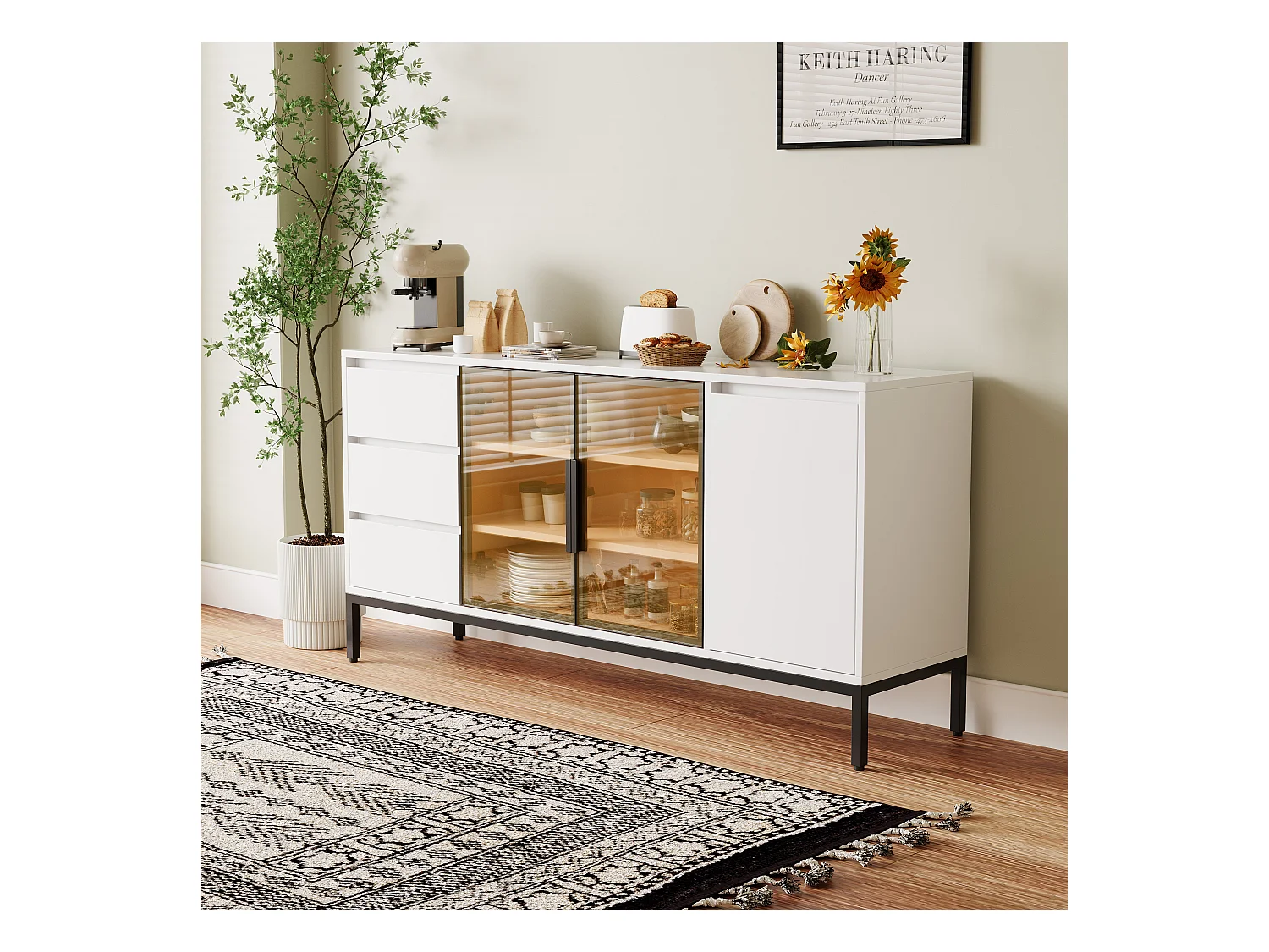 Buffet avec rangement, panneau latéral de cuisine avec portes et 3 tiroirs, étagère de rangement, console, blanc (160x40x80 cm)