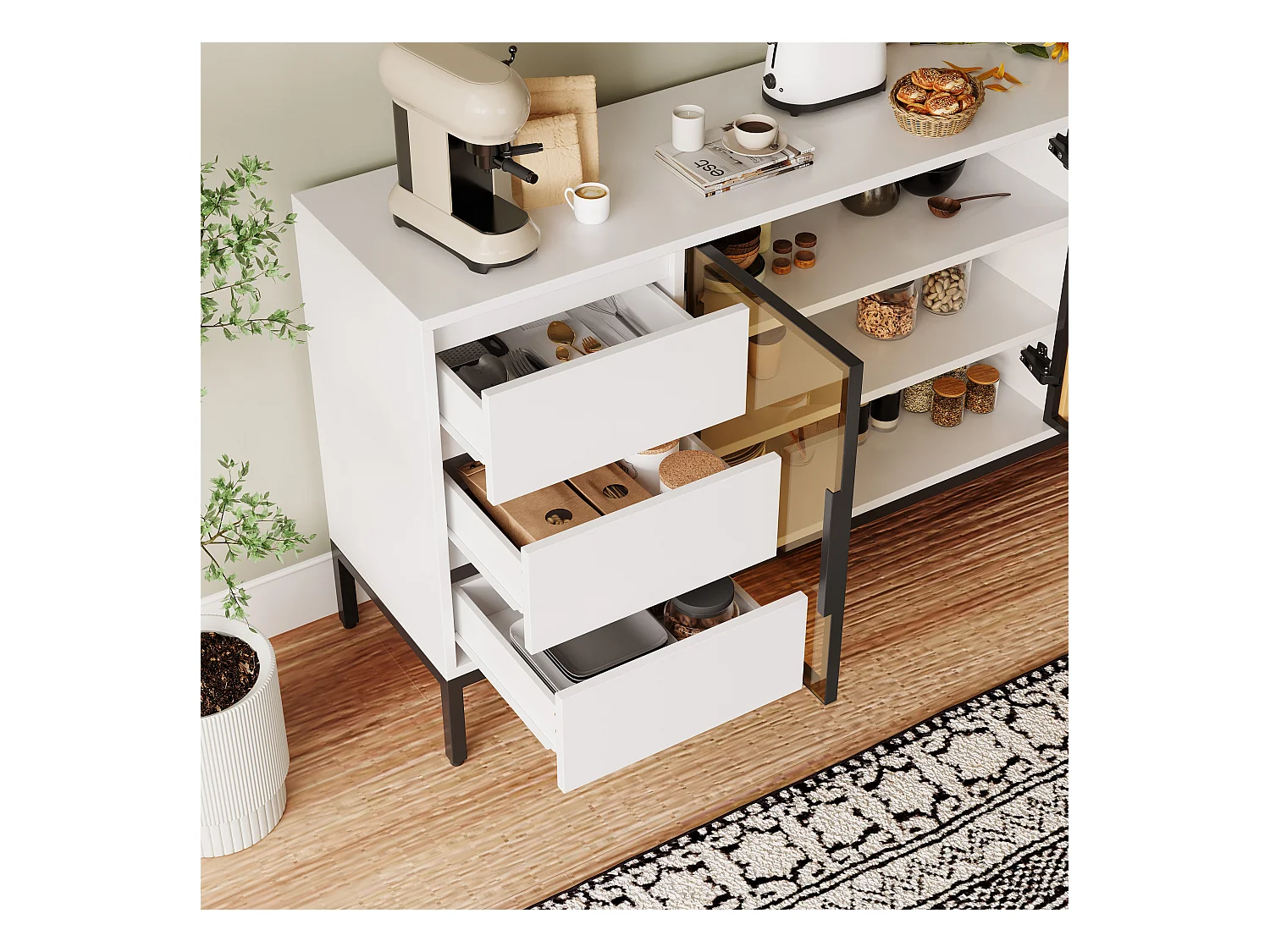 Buffet avec rangement, panneau latéral de cuisine avec portes et 3 tiroirs, étagère de rangement, console, blanc (160x40x80 cm)