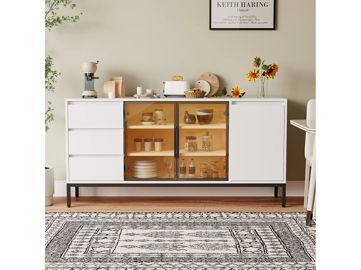 Buffet avec rangement, panneau latéral de cuisine avec portes et 3 tiroirs, étagère de rangement, console, blanc (160x40x80 cm)