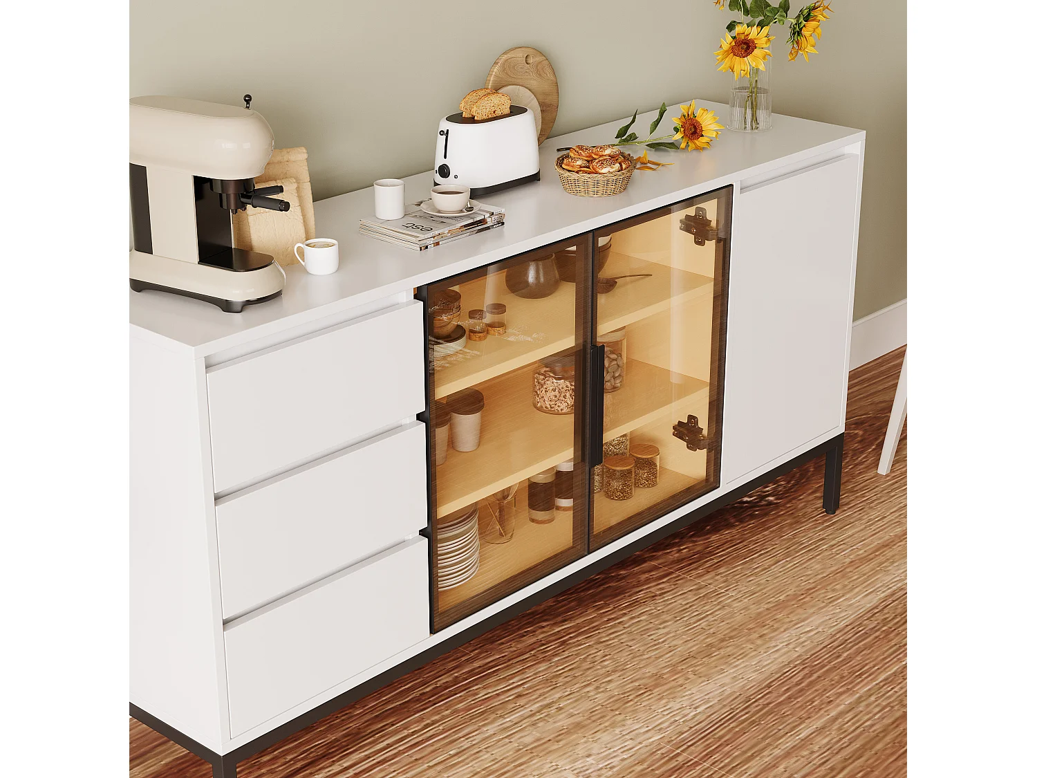 Buffet avec rangement, panneau latéral de cuisine avec portes et 3 tiroirs, étagère de rangement, console, blanc (160x40x80 cm)