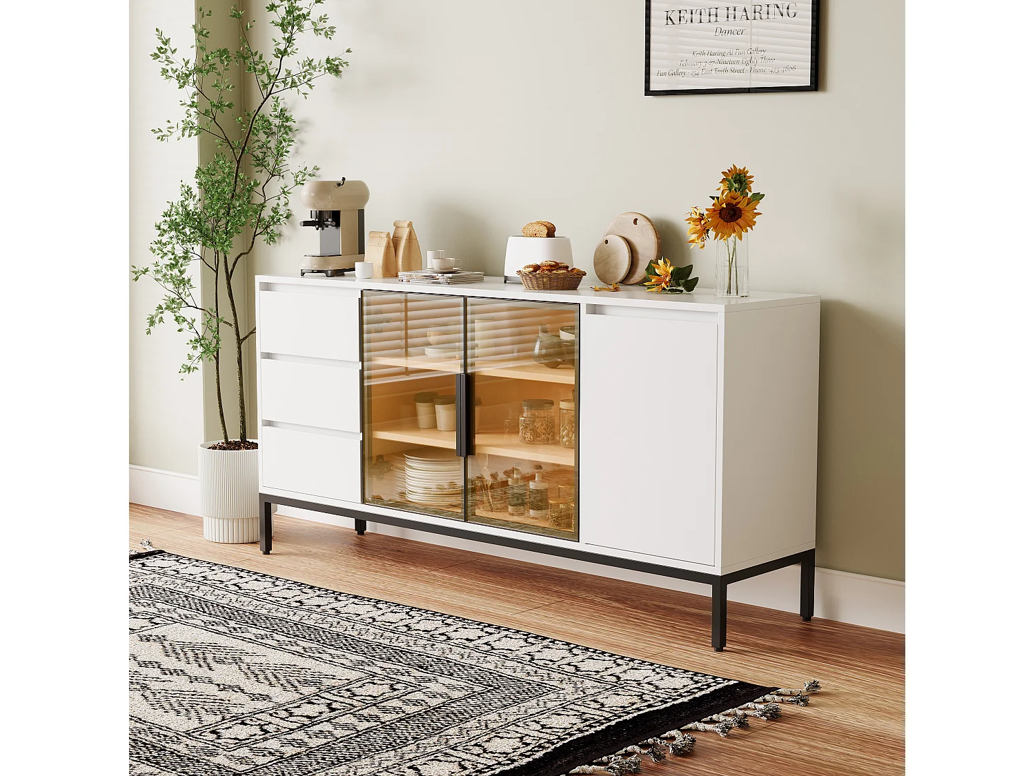 Buffet avec rangement, panneau latéral de cuisine avec portes et 3 tiroirs, étagère de rangement, console, blanc (160x40x80 cm)