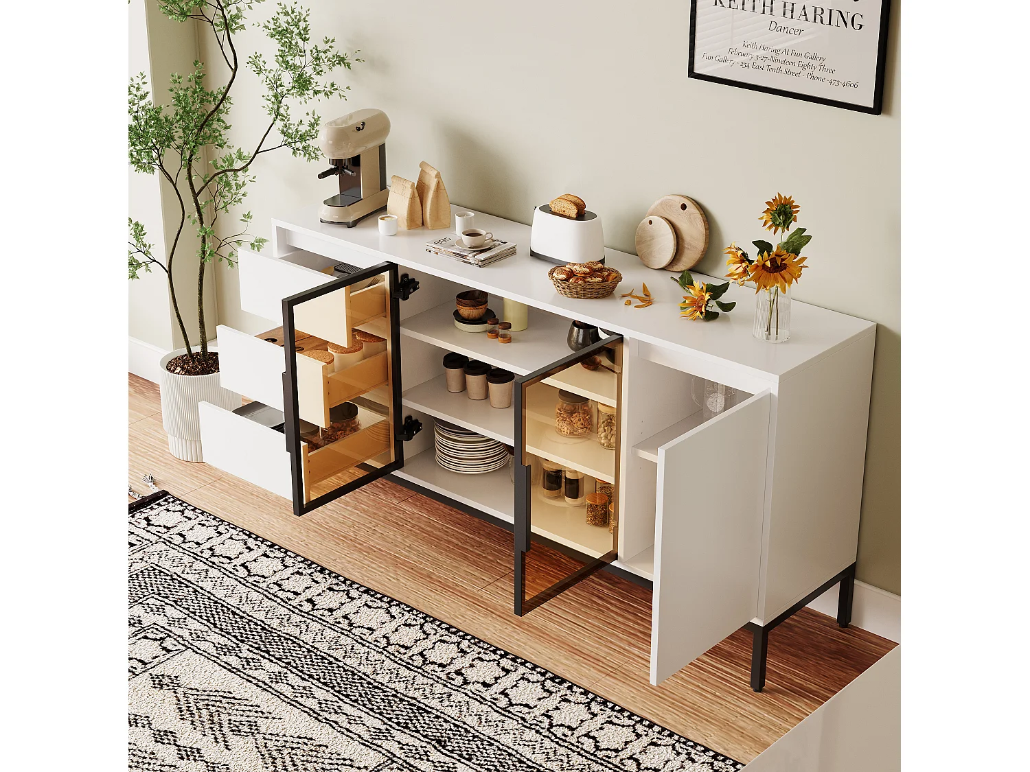 Buffet avec rangement, panneau latéral de cuisine avec portes et 3 tiroirs, étagère de rangement, console, blanc (160x40x80 cm)
