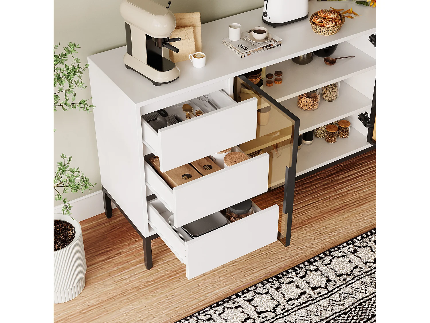 Buffet avec rangement, panneau latéral de cuisine avec portes et 3 tiroirs, étagère de rangement, console, blanc (160x40x80 cm)