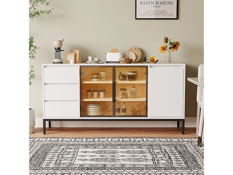 Buffet avec rangement, panneau latéral de cuisine avec portes et 3 tiroirs, étagère de rangement, console, blanc (160x40x80 cm)
