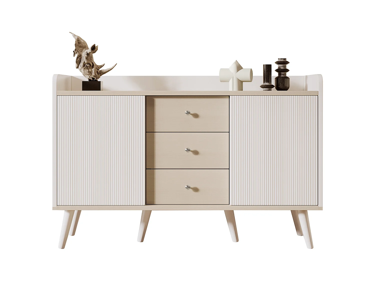 Buffet moderne avec 3 tiroirs, portes coulissantes rayées, MDF, blanc et bois, 117.5x39.5x79 cm