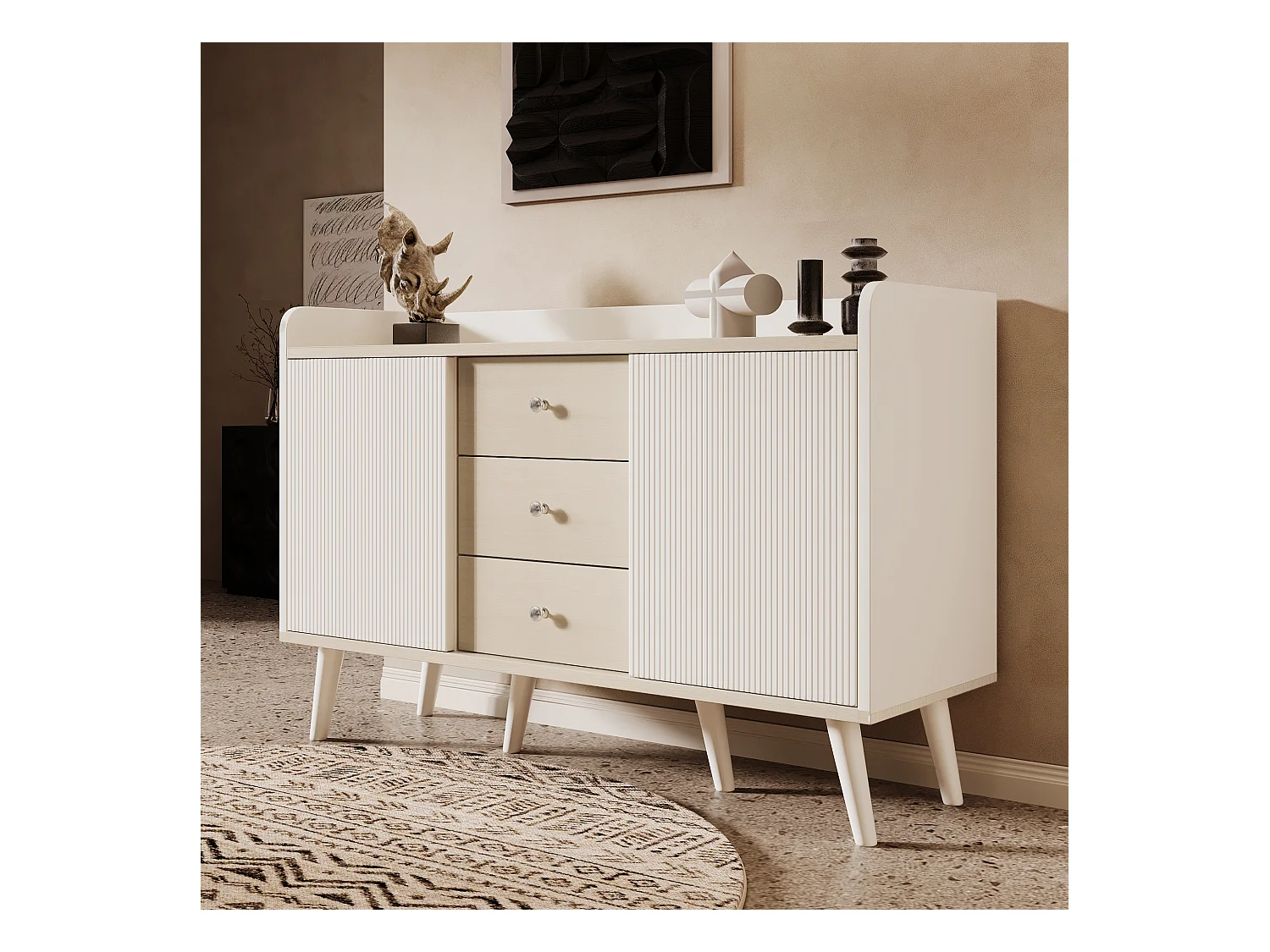 Buffet moderne avec 3 tiroirs, portes coulissantes rayées, MDF, blanc et bois, 117.5x39.5x79 cm
