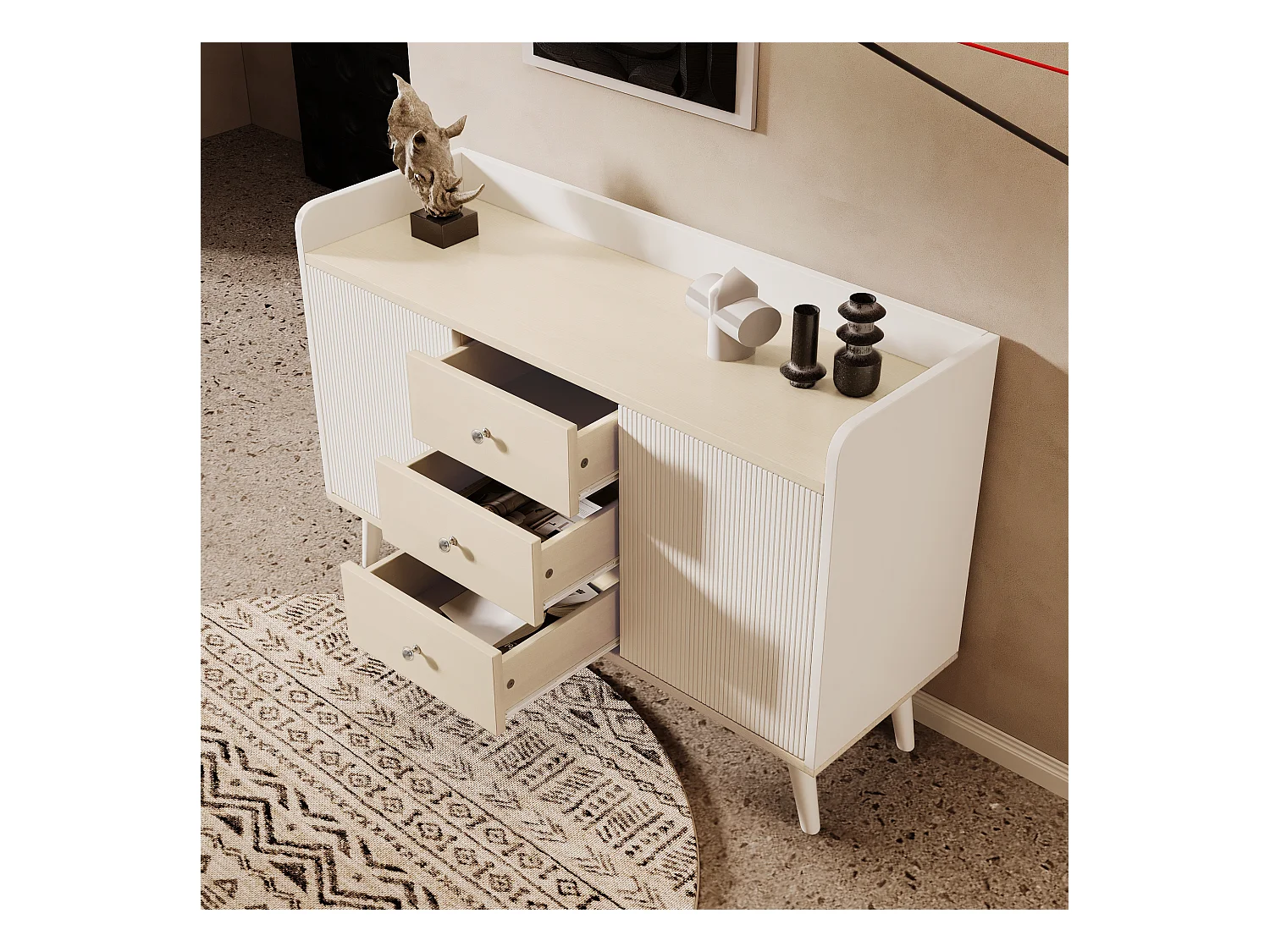 Buffet moderne avec 3 tiroirs, portes coulissantes rayées, MDF, blanc et bois, 117.5x39.5x79 cm