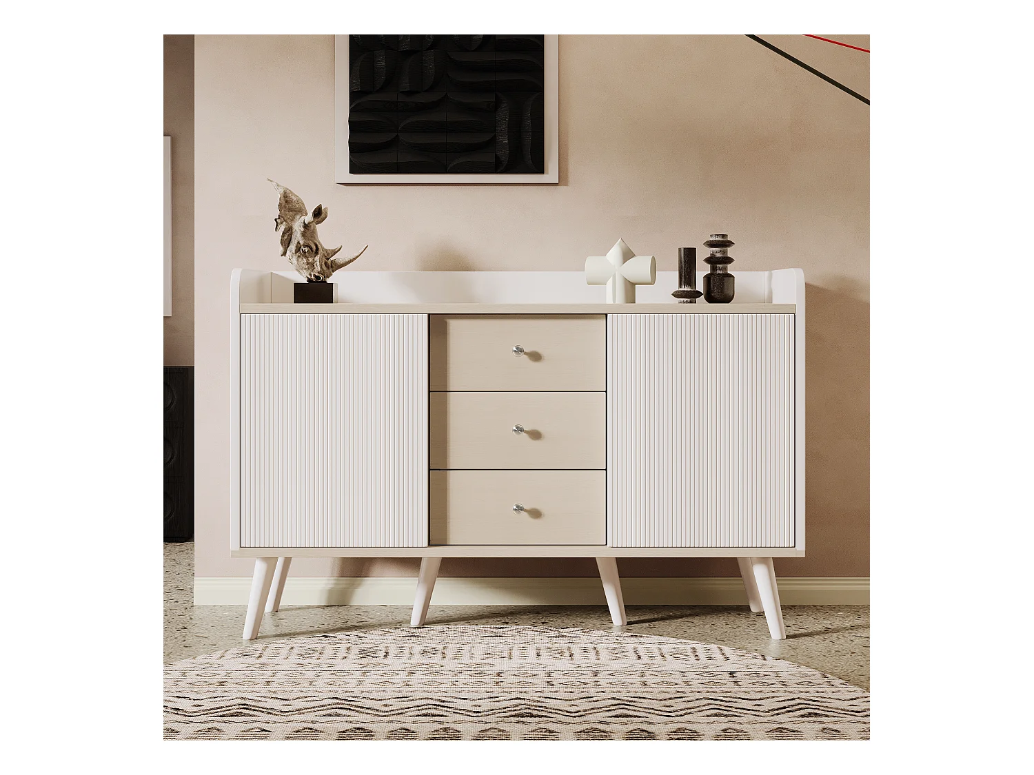 Buffet moderne avec 3 tiroirs, portes coulissantes rayées, MDF, blanc et bois, 117.5x39.5x79 cm