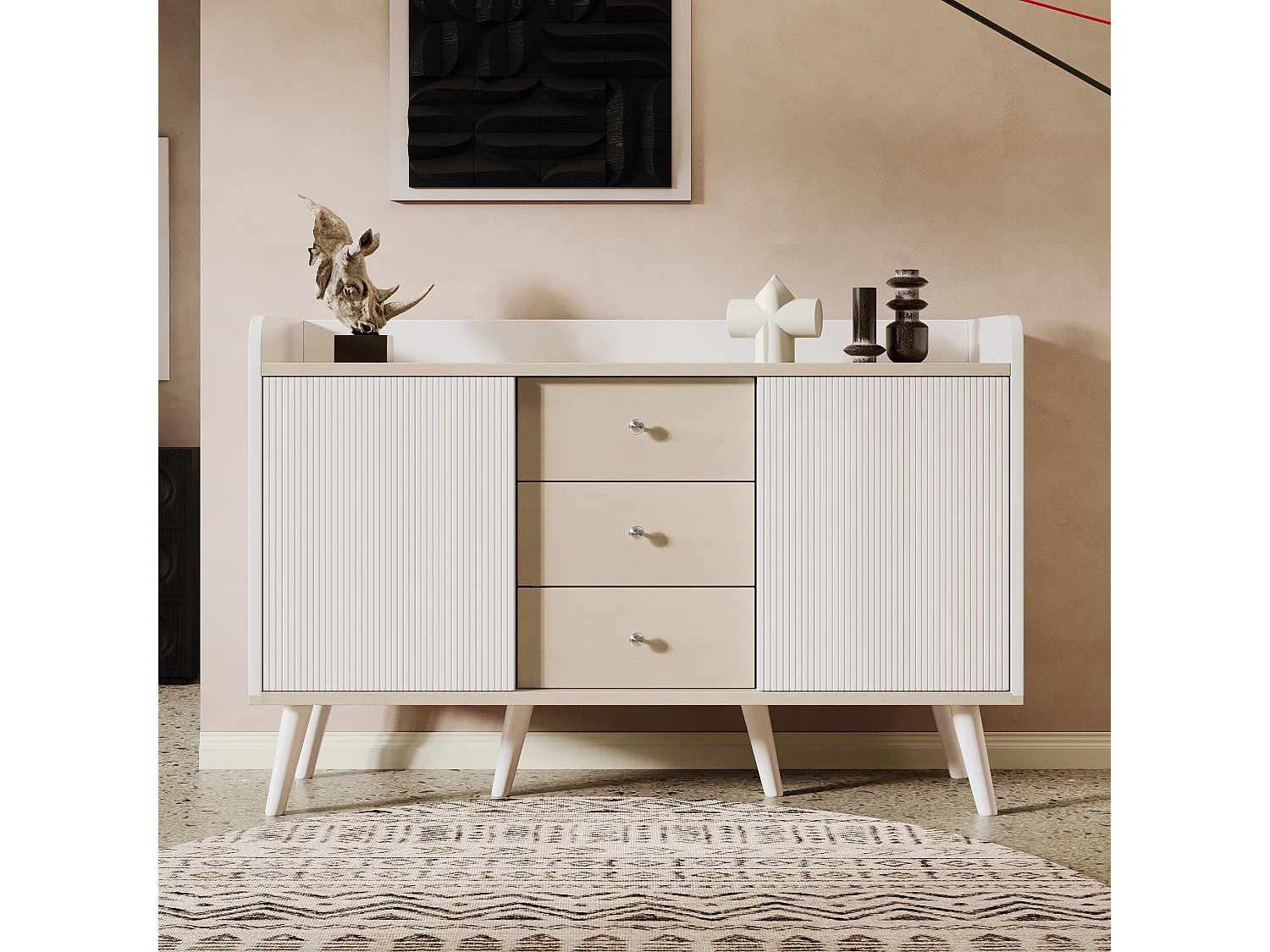 Buffet moderne avec 3 tiroirs, portes coulissantes rayées, MDF, blanc et bois, 117.5x39.5x79 cm