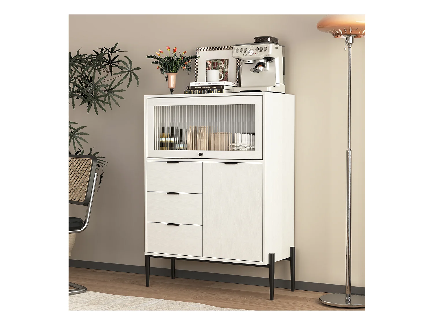 Buffet avec 3 tiroirs, 1 porte et 1 porte en verre, meuble de rangement en bois pour cuisine, salle à manger, couloir, blanc (85x40x120 cm)