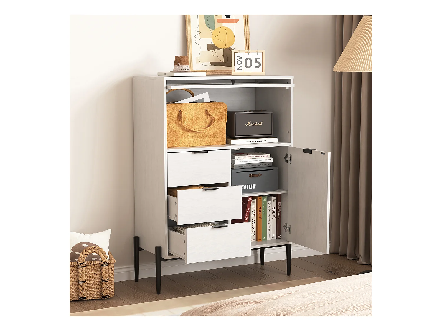 Buffet avec 3 tiroirs, 1 porte et 1 porte en verre, meuble de rangement en bois pour cuisine, salle à manger, couloir, blanc (85x40x120 cm)