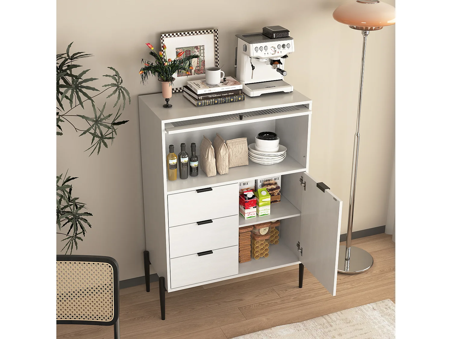 Buffet avec 3 tiroirs, 1 porte et 1 porte en verre, meuble de rangement en bois pour cuisine, salle à manger, couloir, blanc (85x40x120 cm)