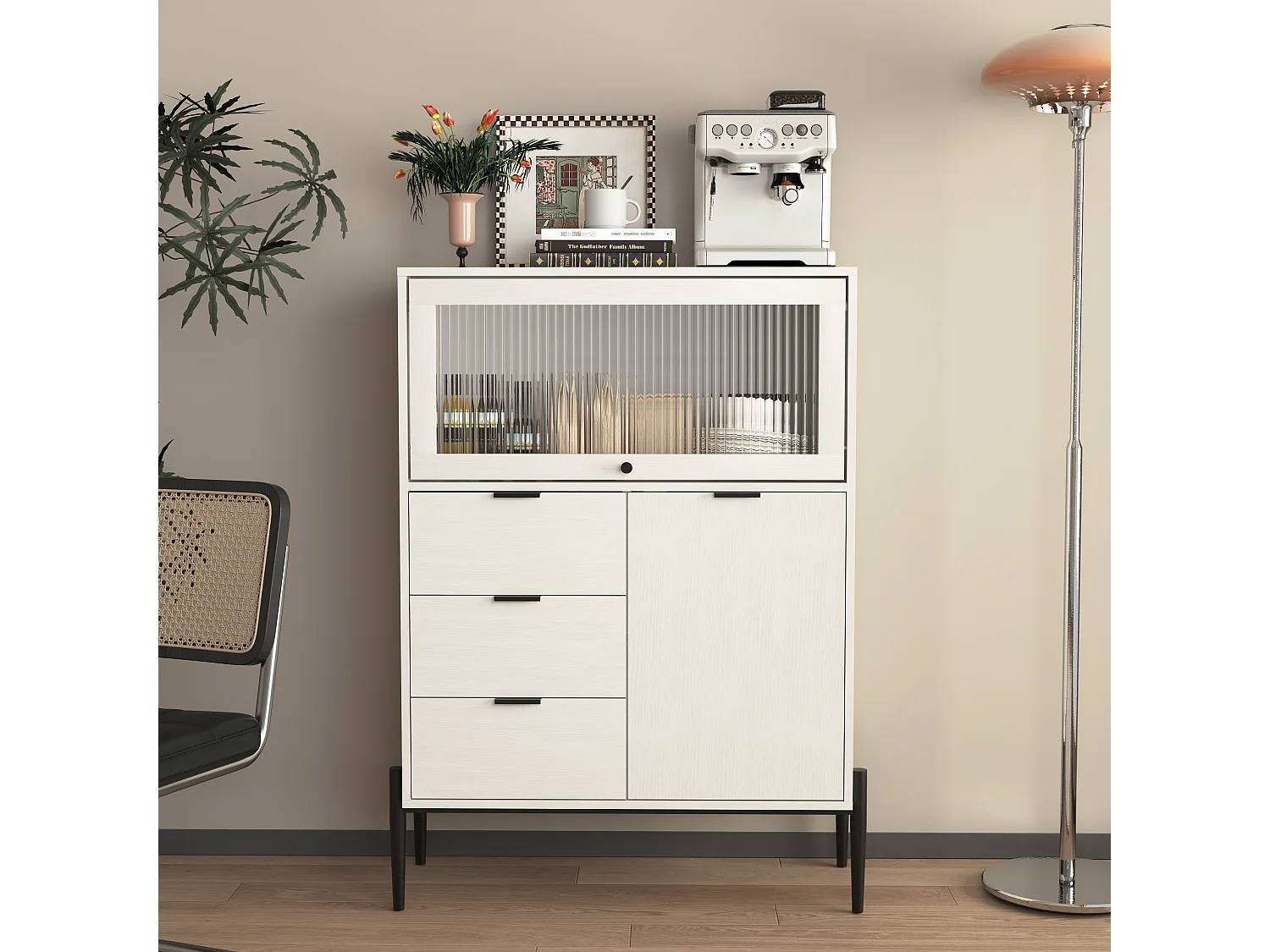 Buffet avec 3 tiroirs, 1 porte et 1 porte en verre, meuble de rangement en bois pour cuisine, salle à manger, couloir, blanc (85x40x120 cm)