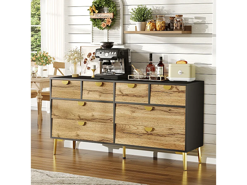 Buffet moderne 8 tiroirs, noir et bois, design minimaliste, MDF, poignées métalliques dorées, pieds métalliques (150x40x78 cm)