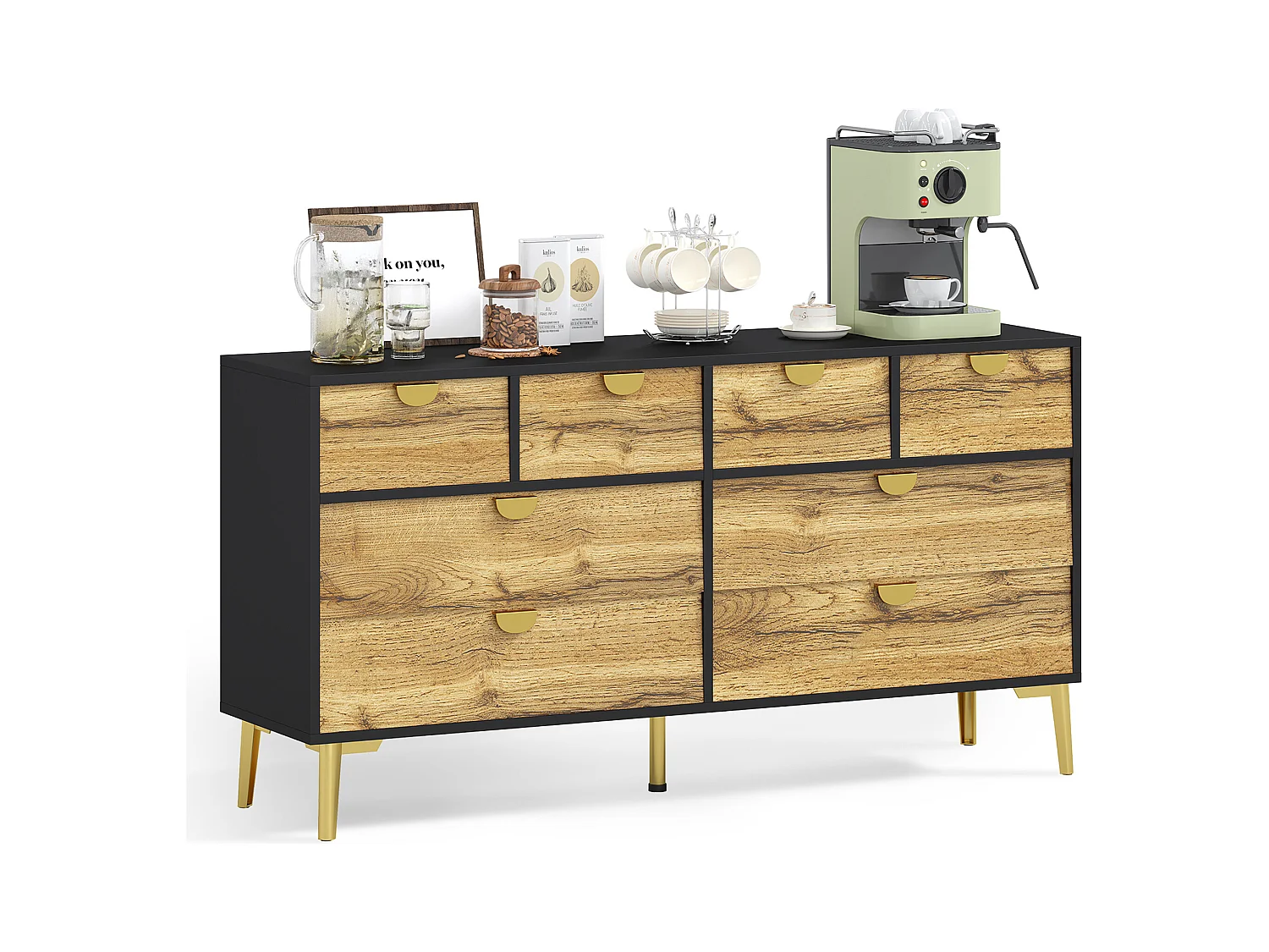 Buffet moderne 8 tiroirs, noir et bois, design minimaliste, MDF, poignées métalliques dorées, pieds métalliques (150x40x78 cm)