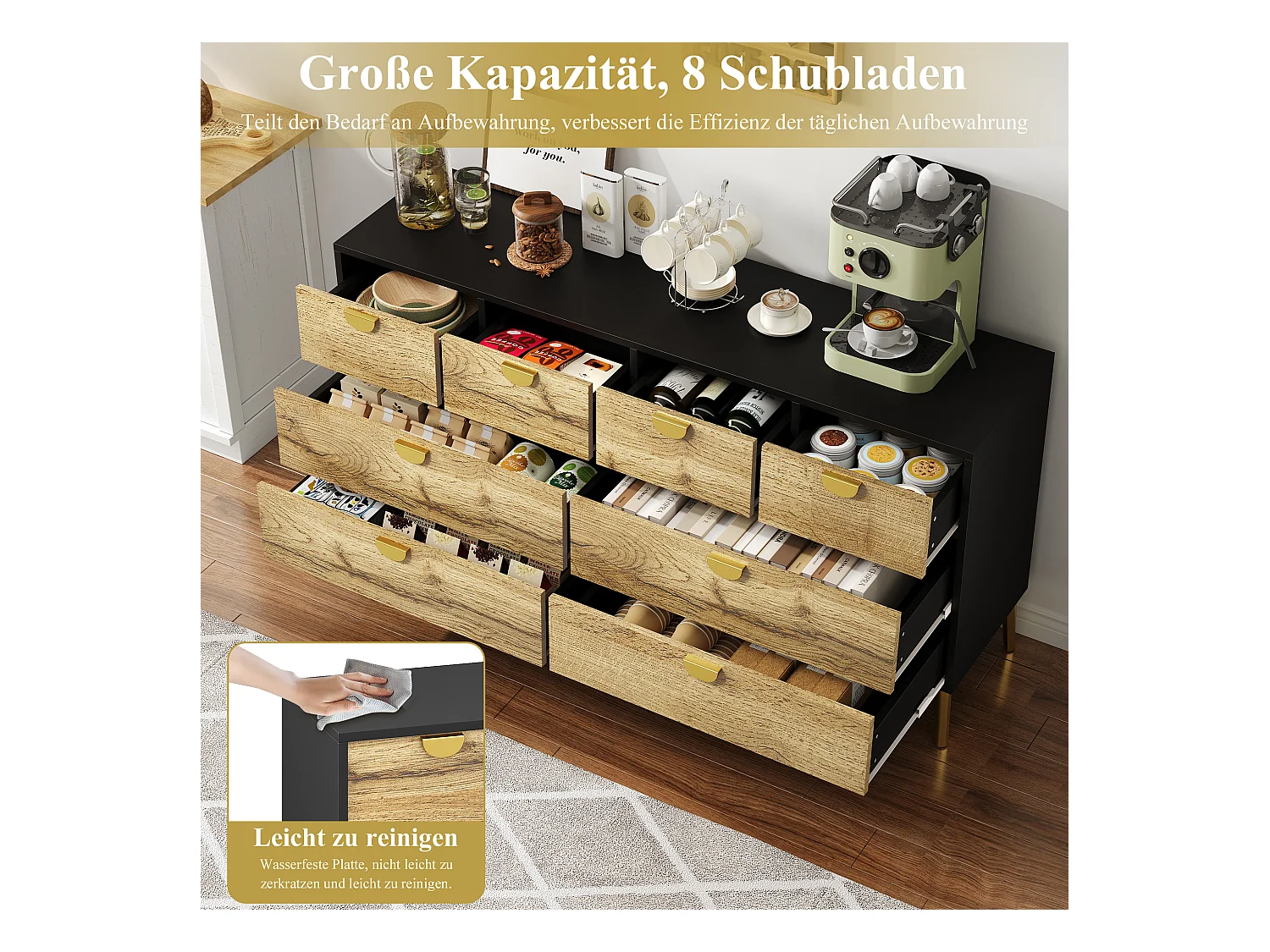 Buffet moderne 8 tiroirs, noir et bois, design minimaliste, MDF, poignées métalliques dorées, pieds métalliques (150x40x78 cm)